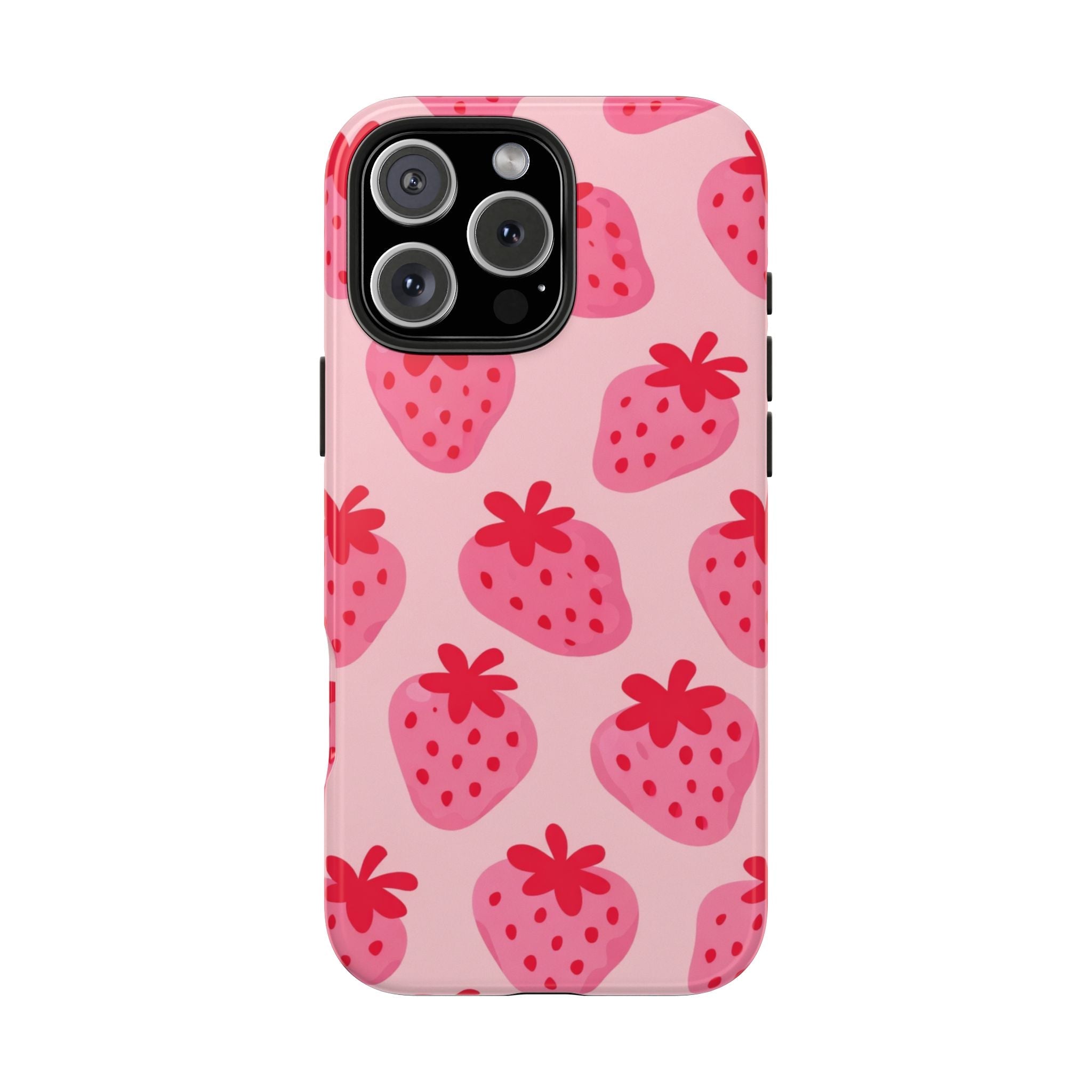 Strawberries phone case, pink with red strawberry print and camera cutout