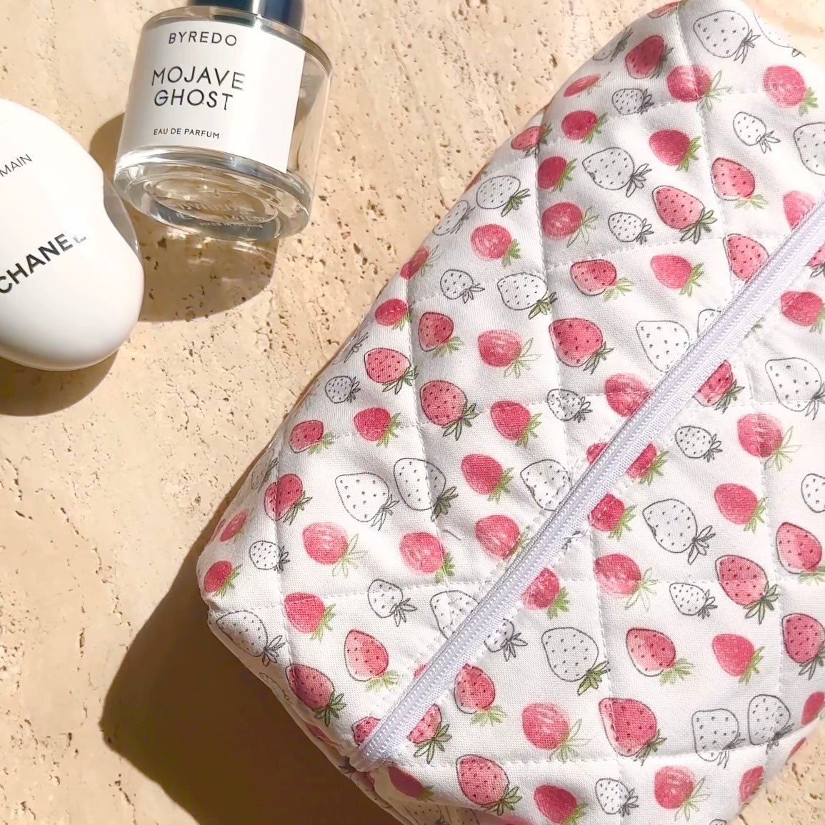 Strawberries print makeup bag with white zipper, padded fabric pouch