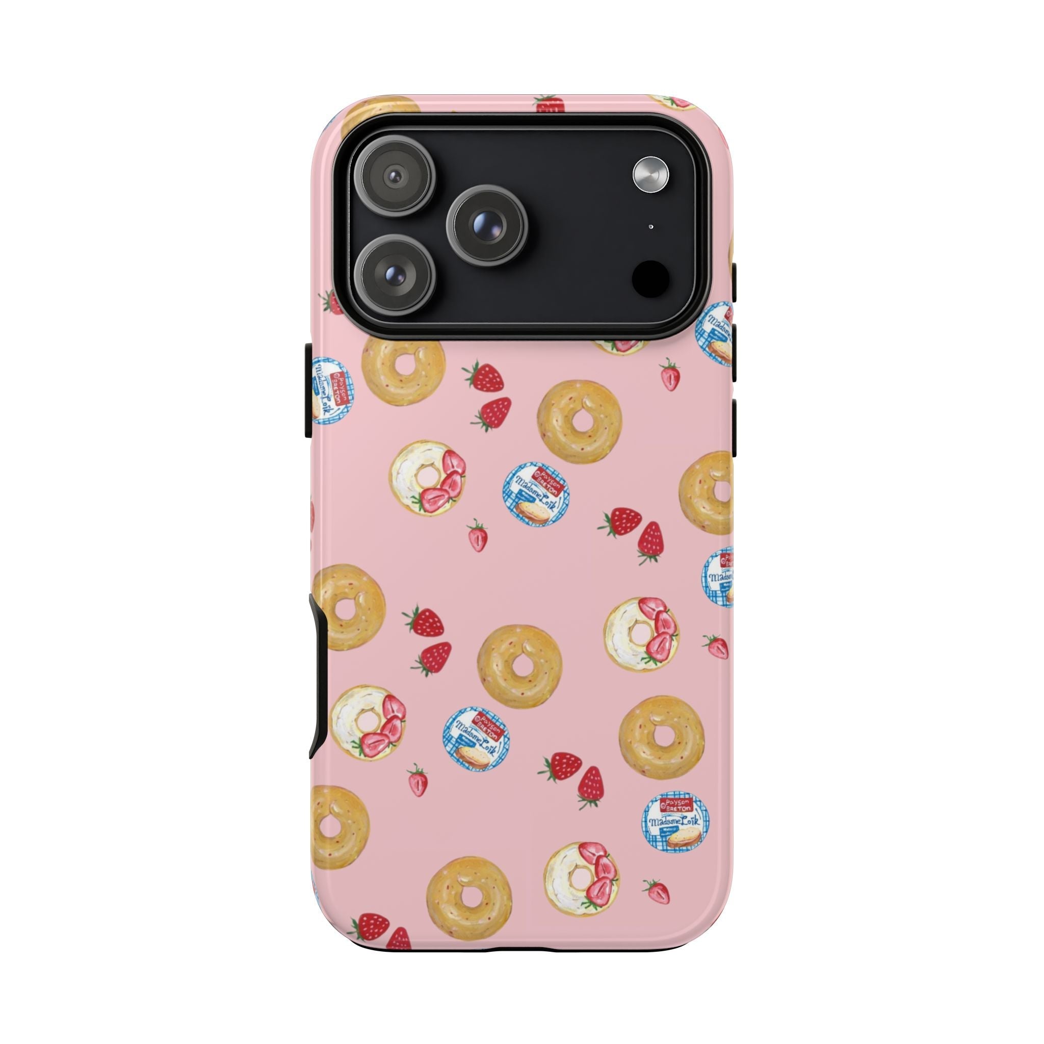 Back of pink phone case with strawberry, bagel and whipped spread graphic