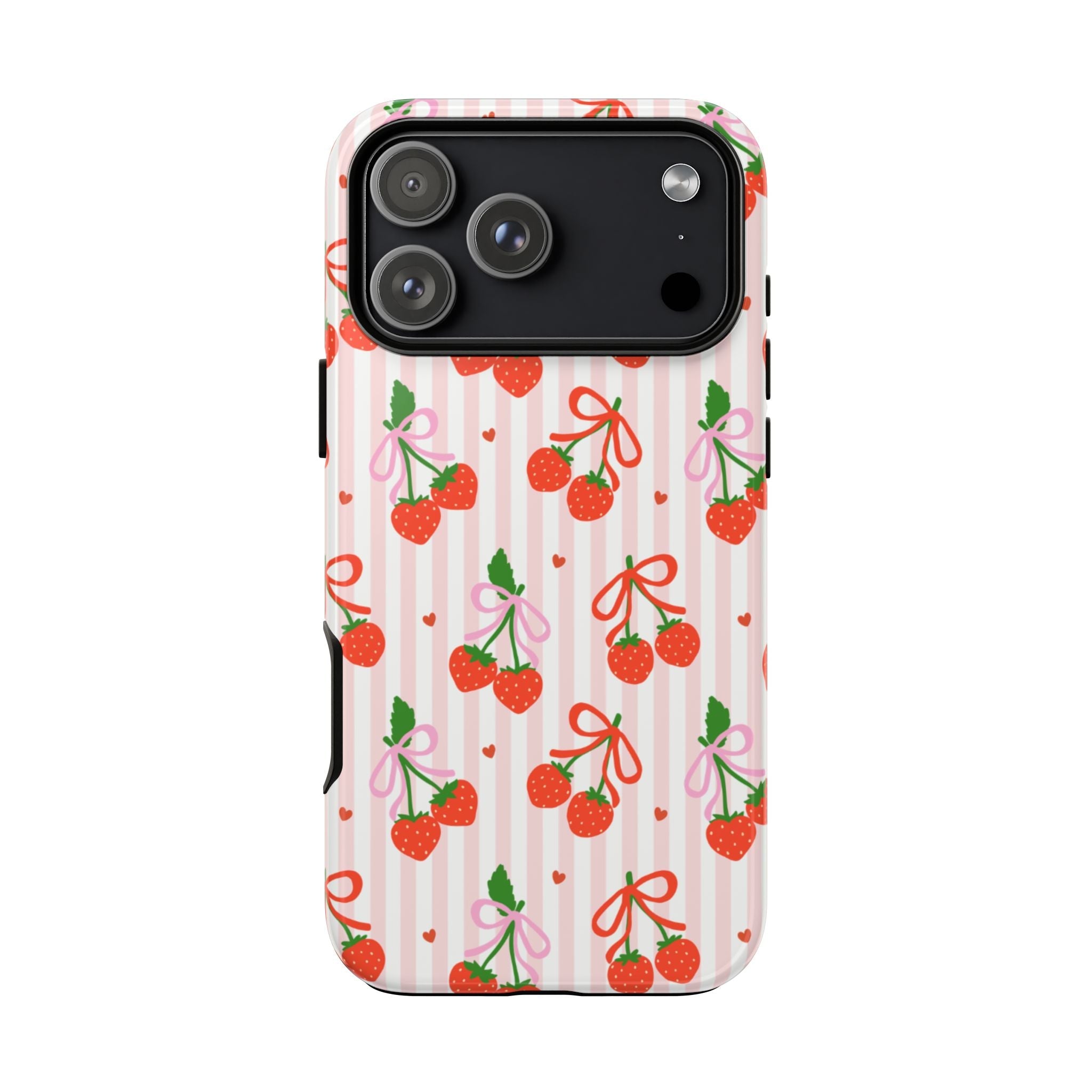 Strawberry bow phone case with pink striped background and cutout camera area