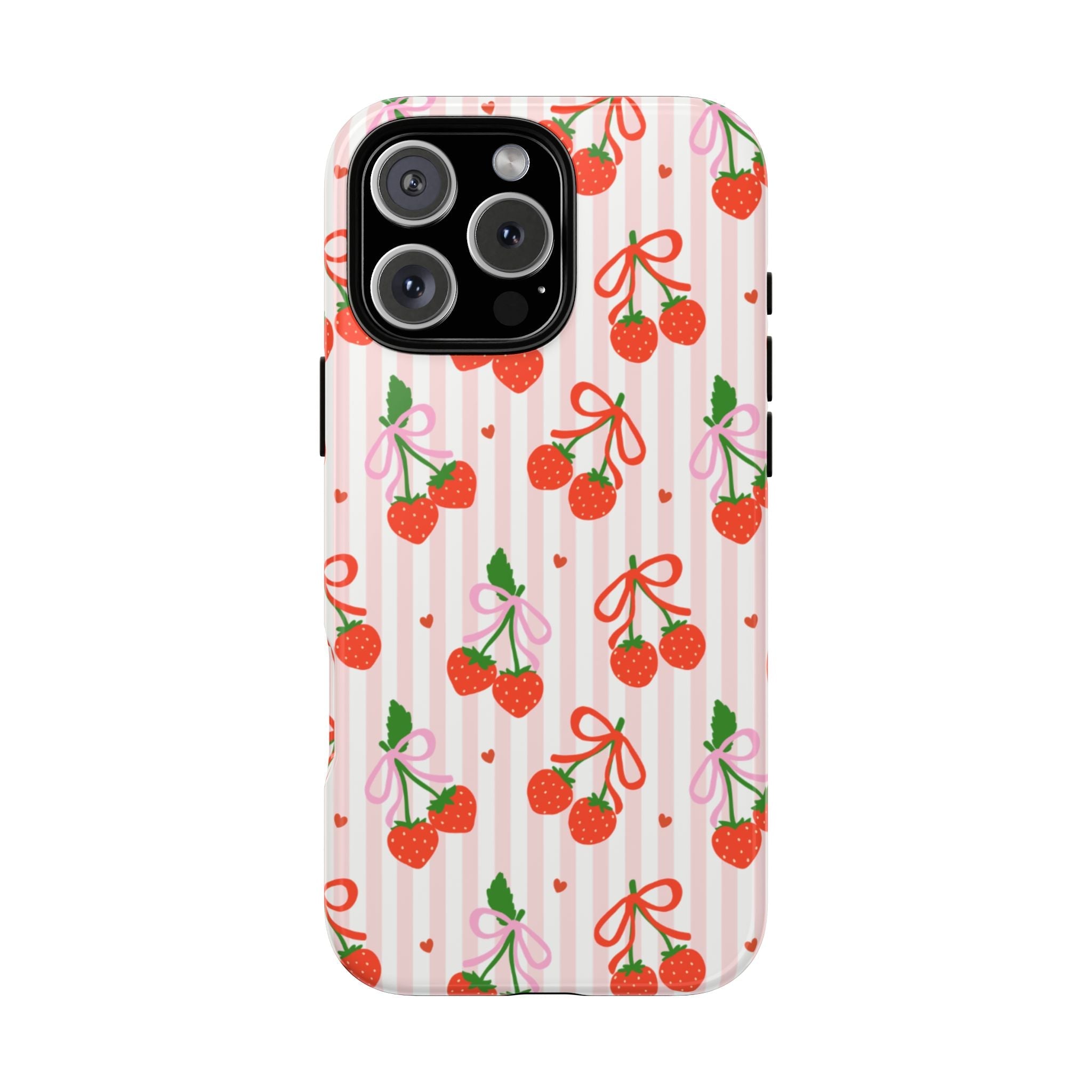 Phone case with pink vertical stripes and scattered strawberry bows pattern