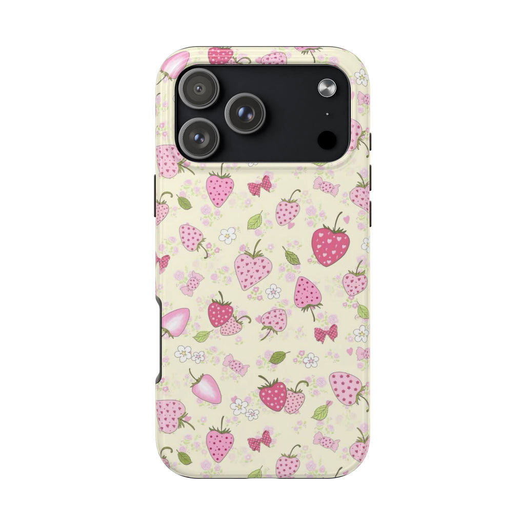 Strawberry Field phone case with pink and red strawberry pattern on light cream background