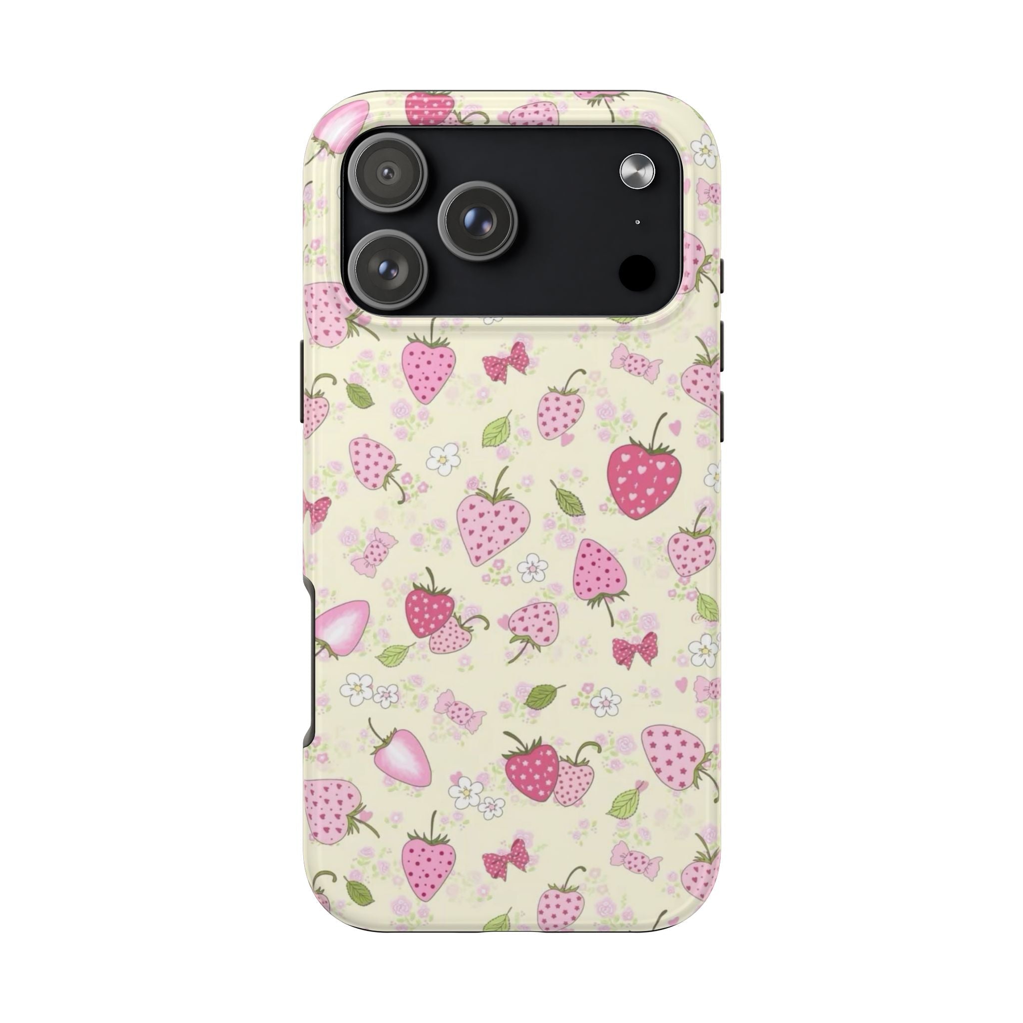 Strawberry Field phone case with pink and red strawberry pattern on light cream background