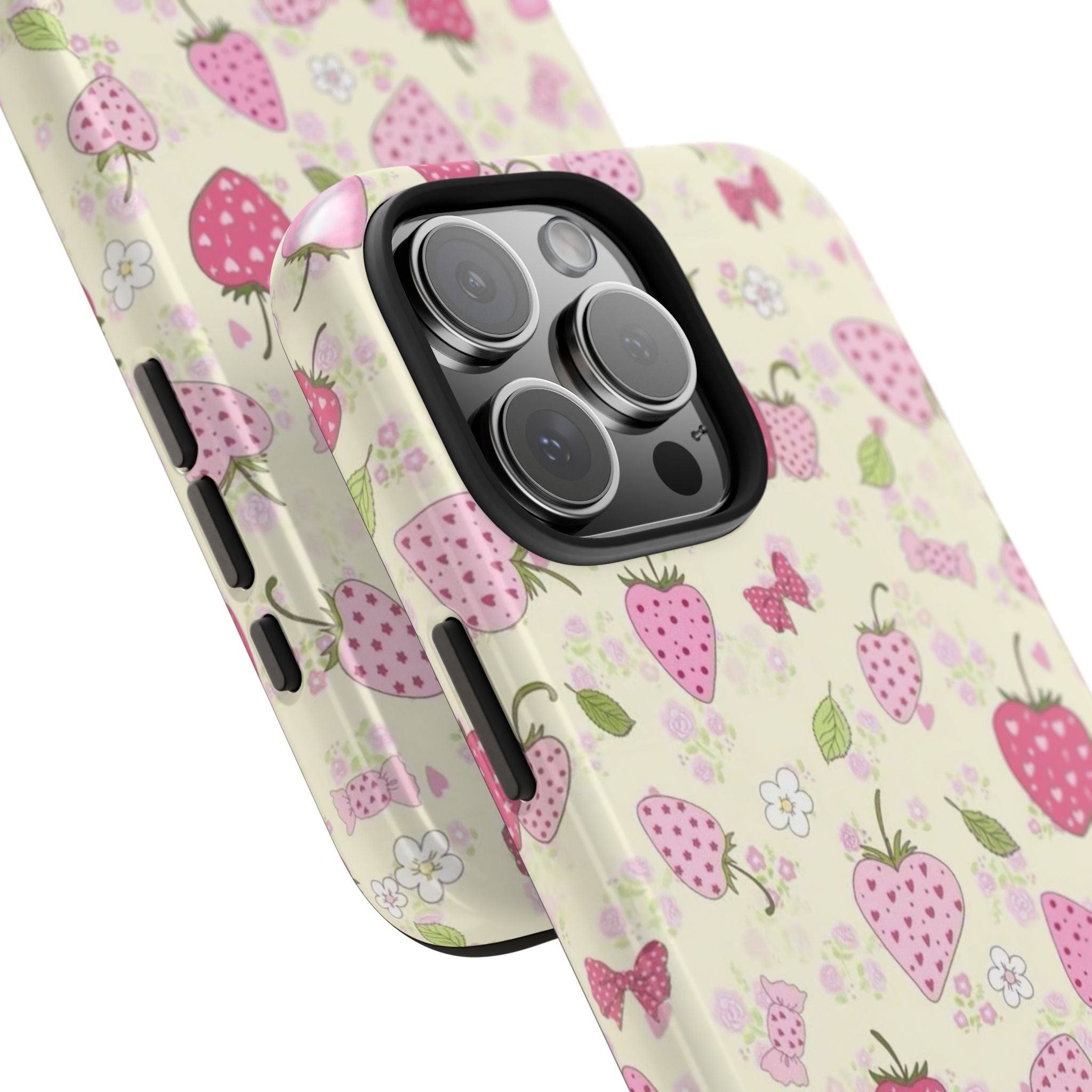 Strawberry Field phone case angled view, showing berry and flower print and camera cutouts