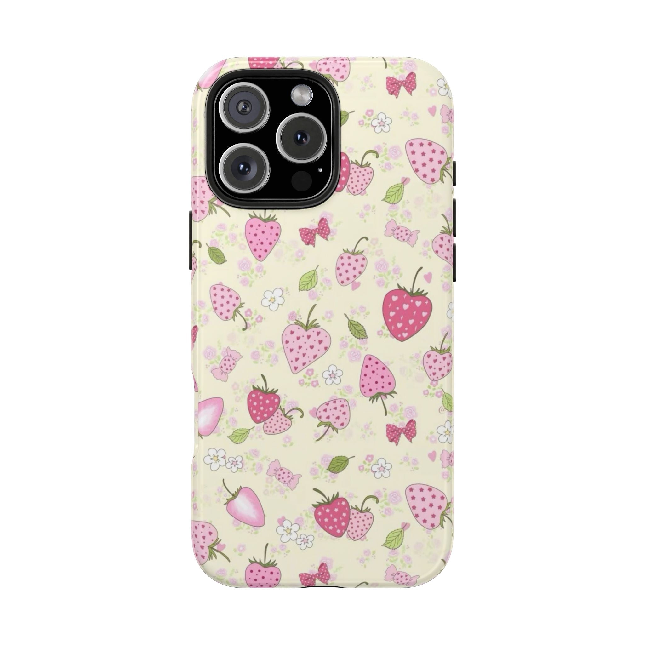 Strawberry Field phone case front view, cream base with pink strawberries and small flowers