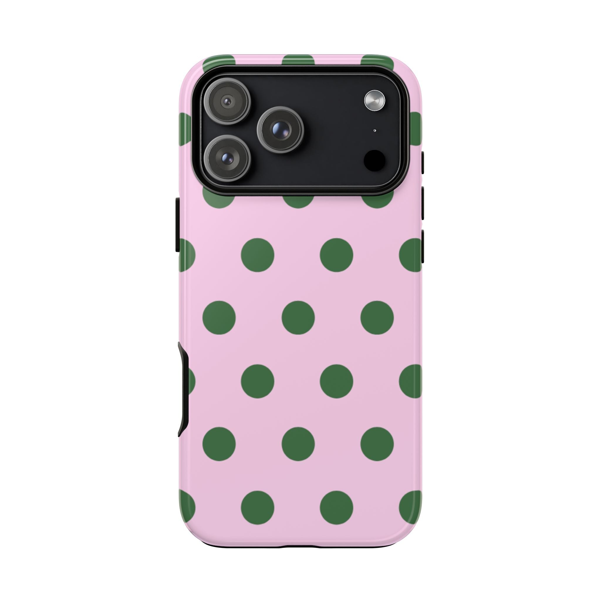 Pink case with green polka dots, raised camera area, side openings