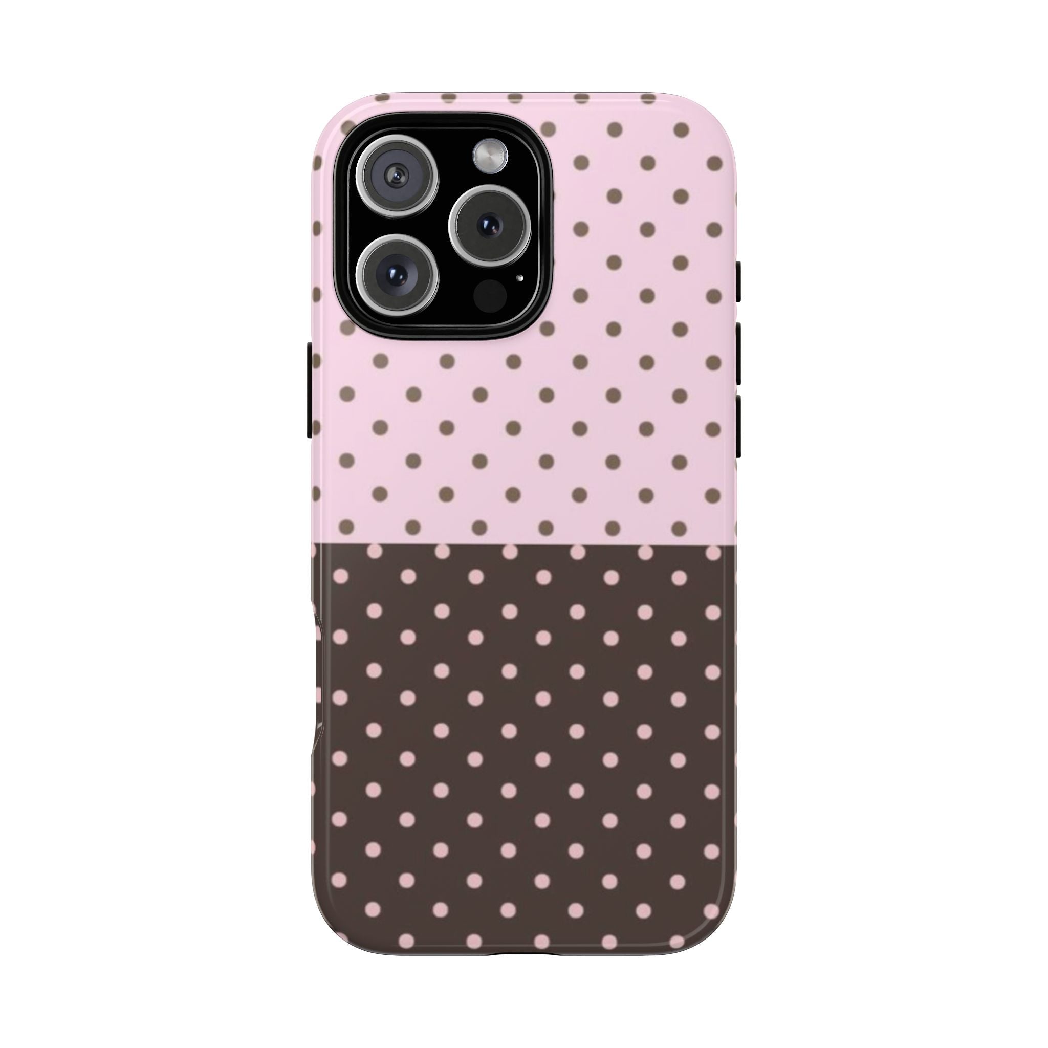 Strawberry latte phone case with pink and dark polka dots, dual-color back