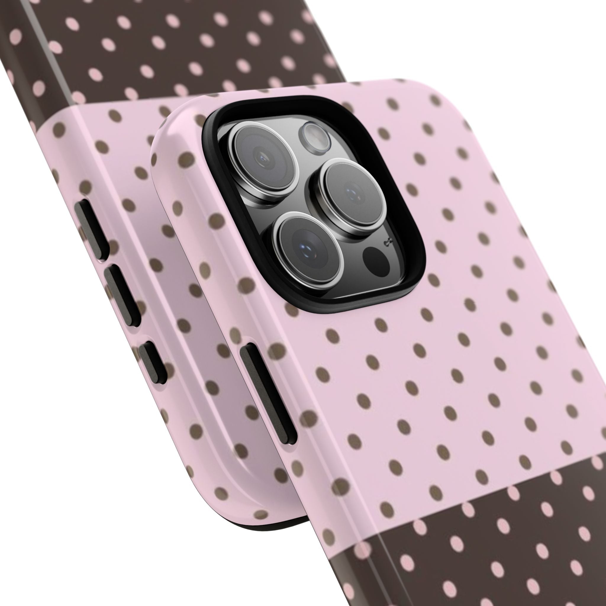 Polka-dot phone case with raised camera lenses and side button cutouts, pink & dark pattern