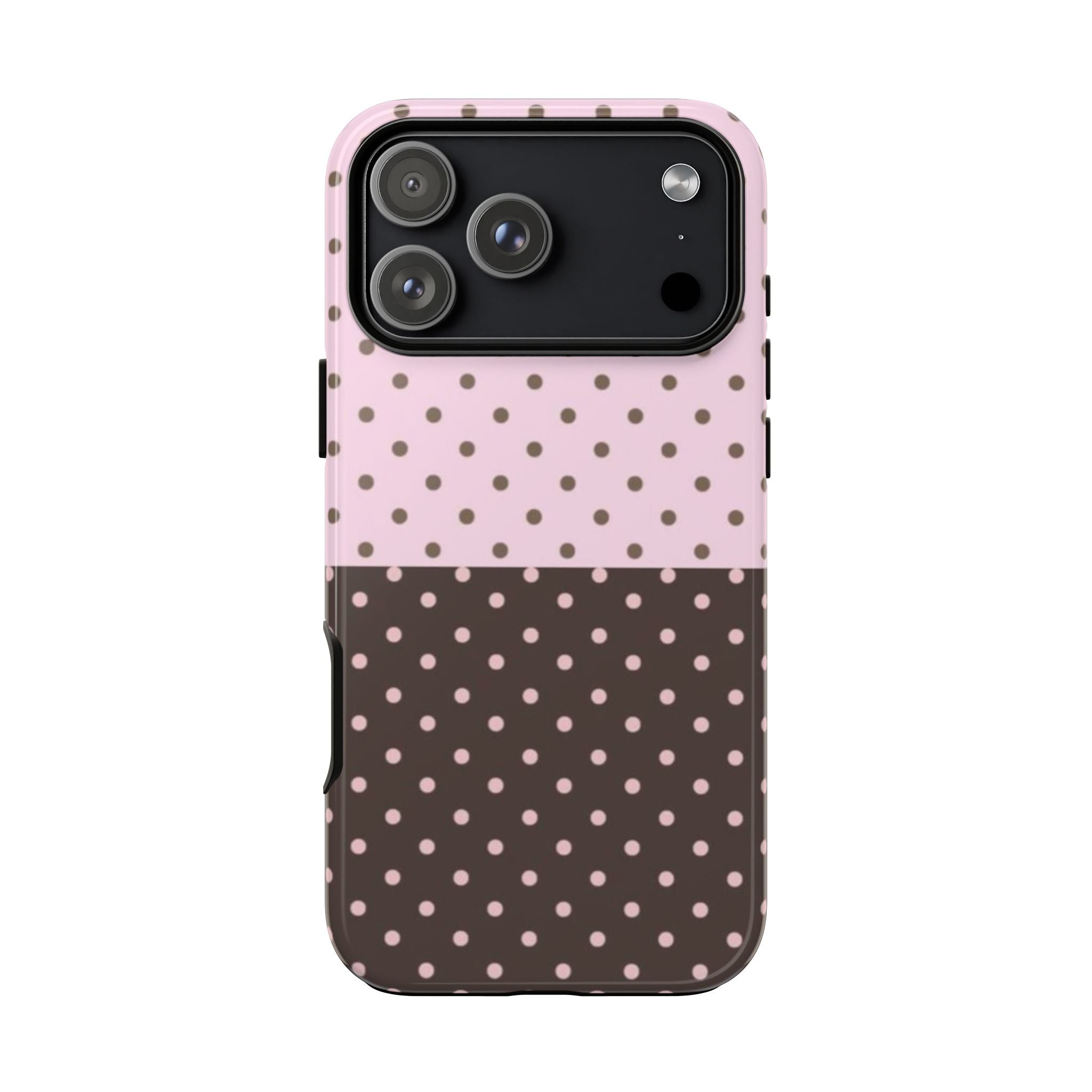 Phone case back in pink with dark polka-dot bottom band and camera cutouts