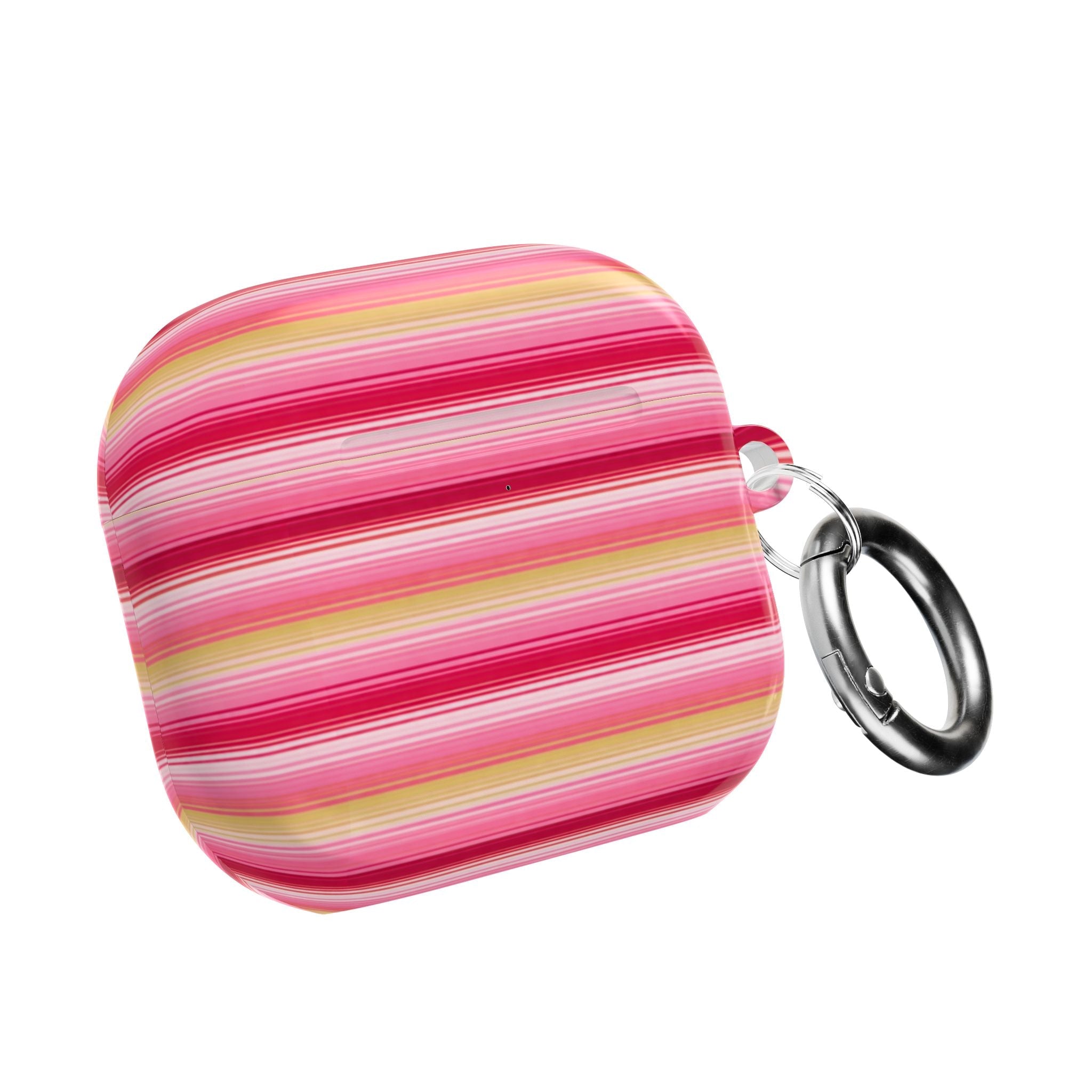 AirPod case with pink and yellow striped shell and metal carabiner ring attached.