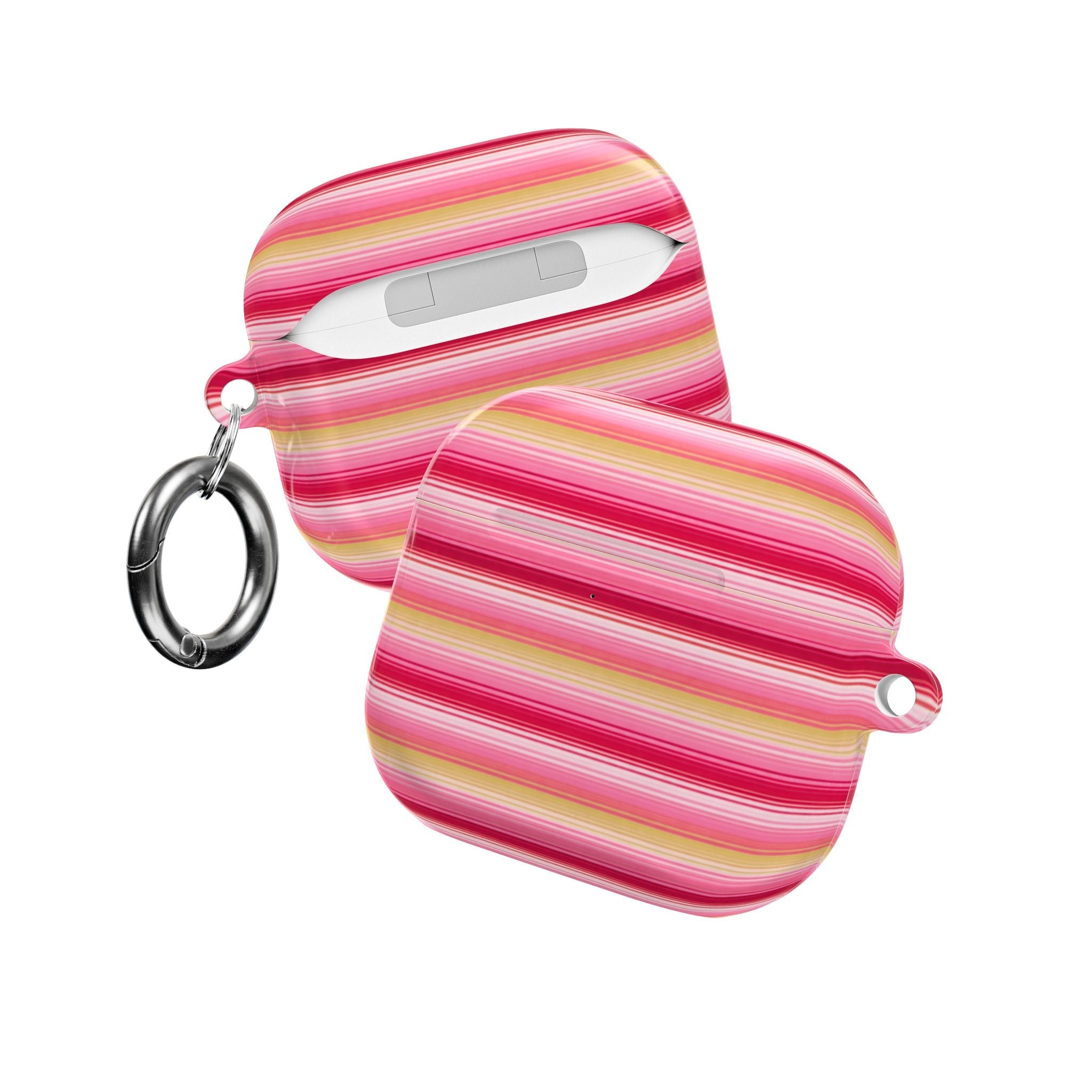 AirPod case with pink and yellow striped shell and metal carabiner rings on both sides.