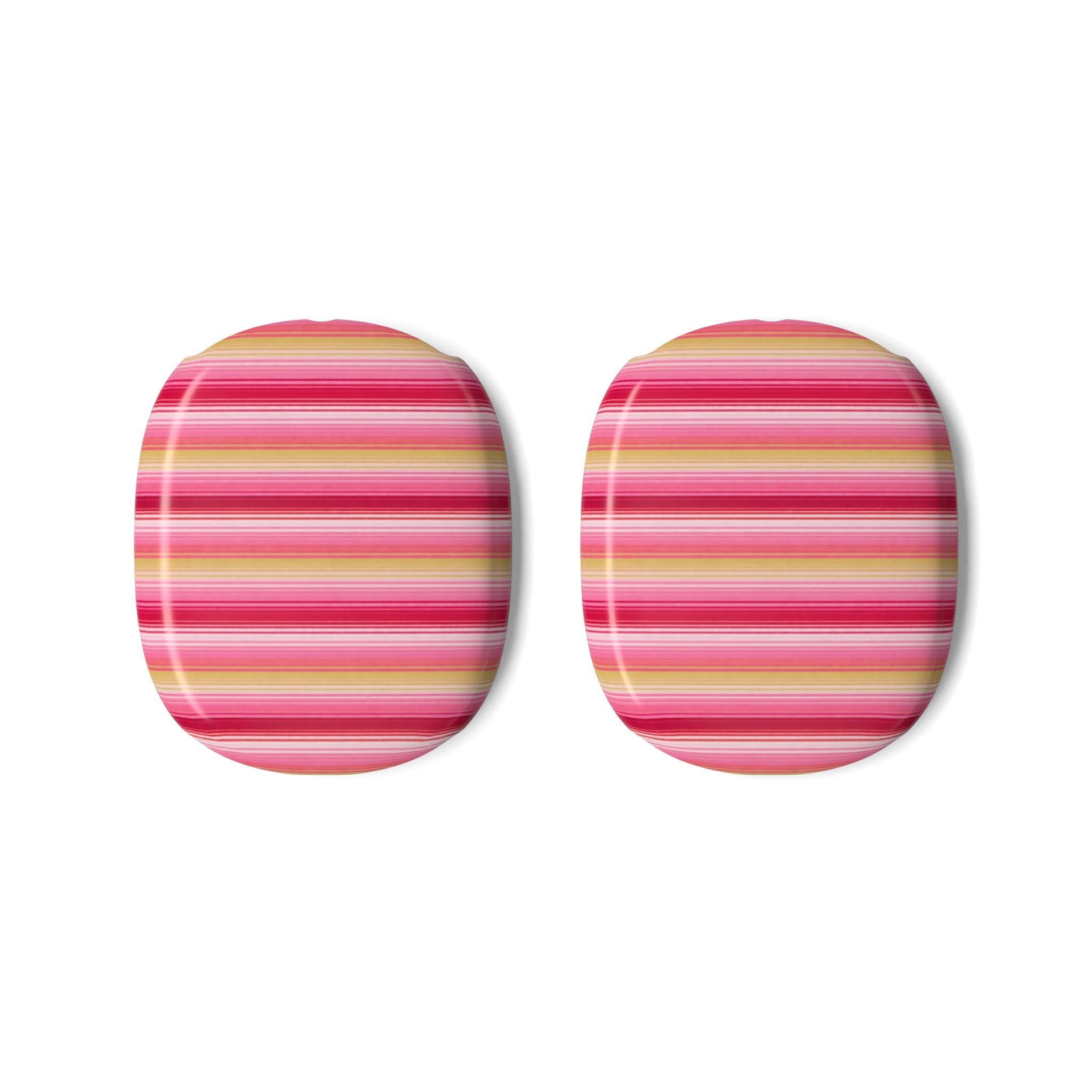 AirPods Max case covers, pink, yellow, and red horizontal stripe pattern, rounded