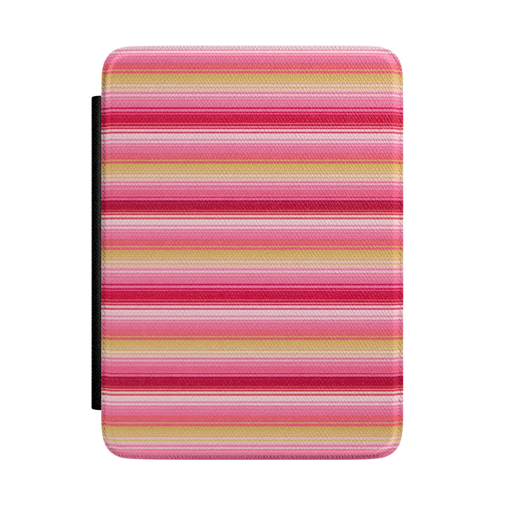 Hardcover Kindle case with pink, red, and yellow horizontal stripes and black side edge