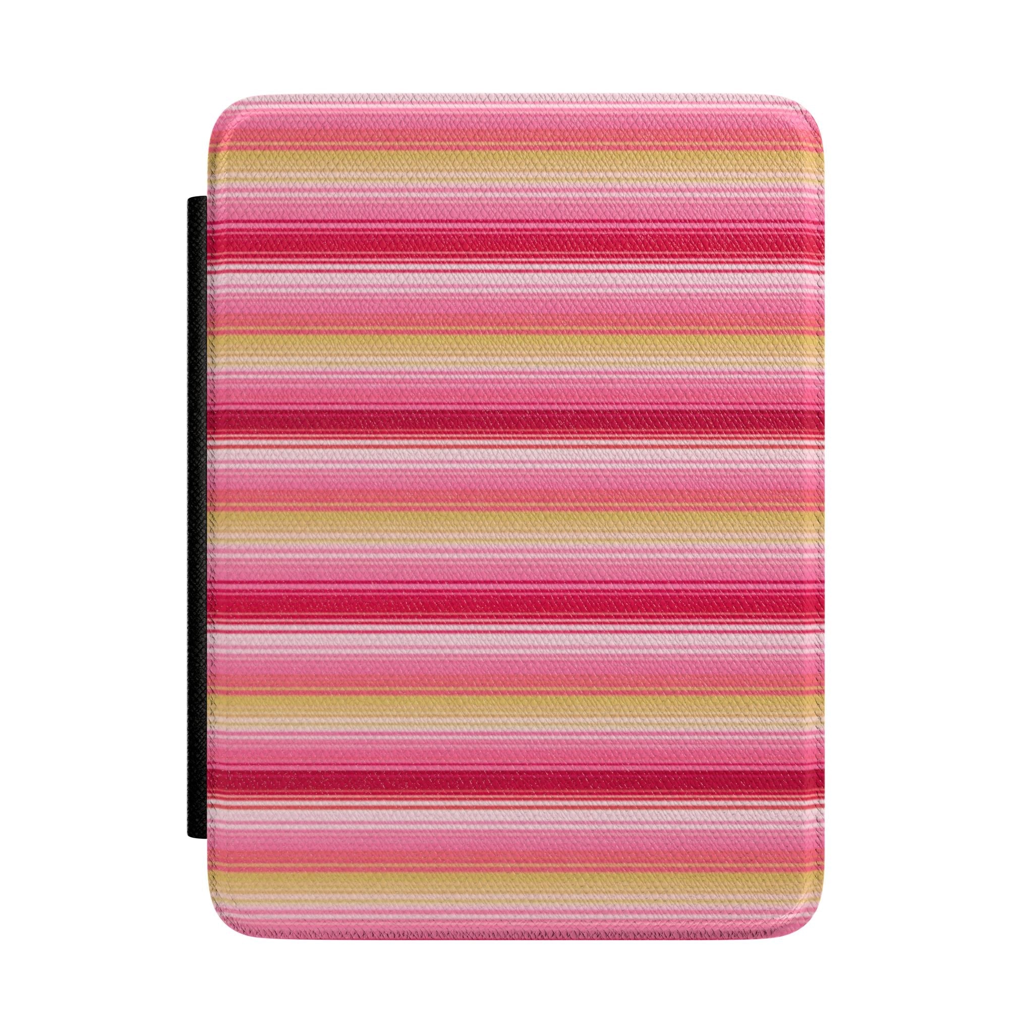Hardcover Kindle case with pink, red, and yellow horizontal stripes and black side edge