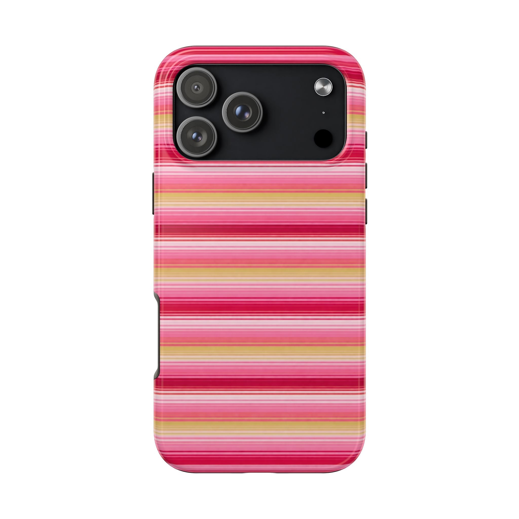 Strawberry lemonade stripes phone case with pink, yellow, and white horizontal stripes; rear camera area