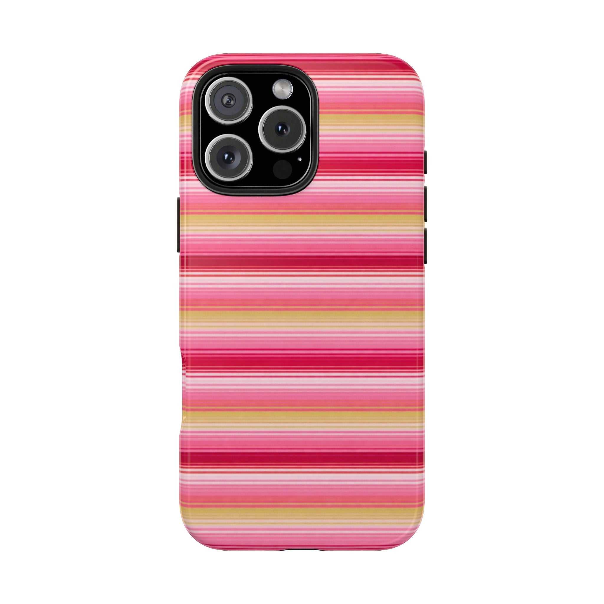 Strawberry lemonade stripes phone case, glossy? horizontal pink, yellow, and white bands with camera lenses