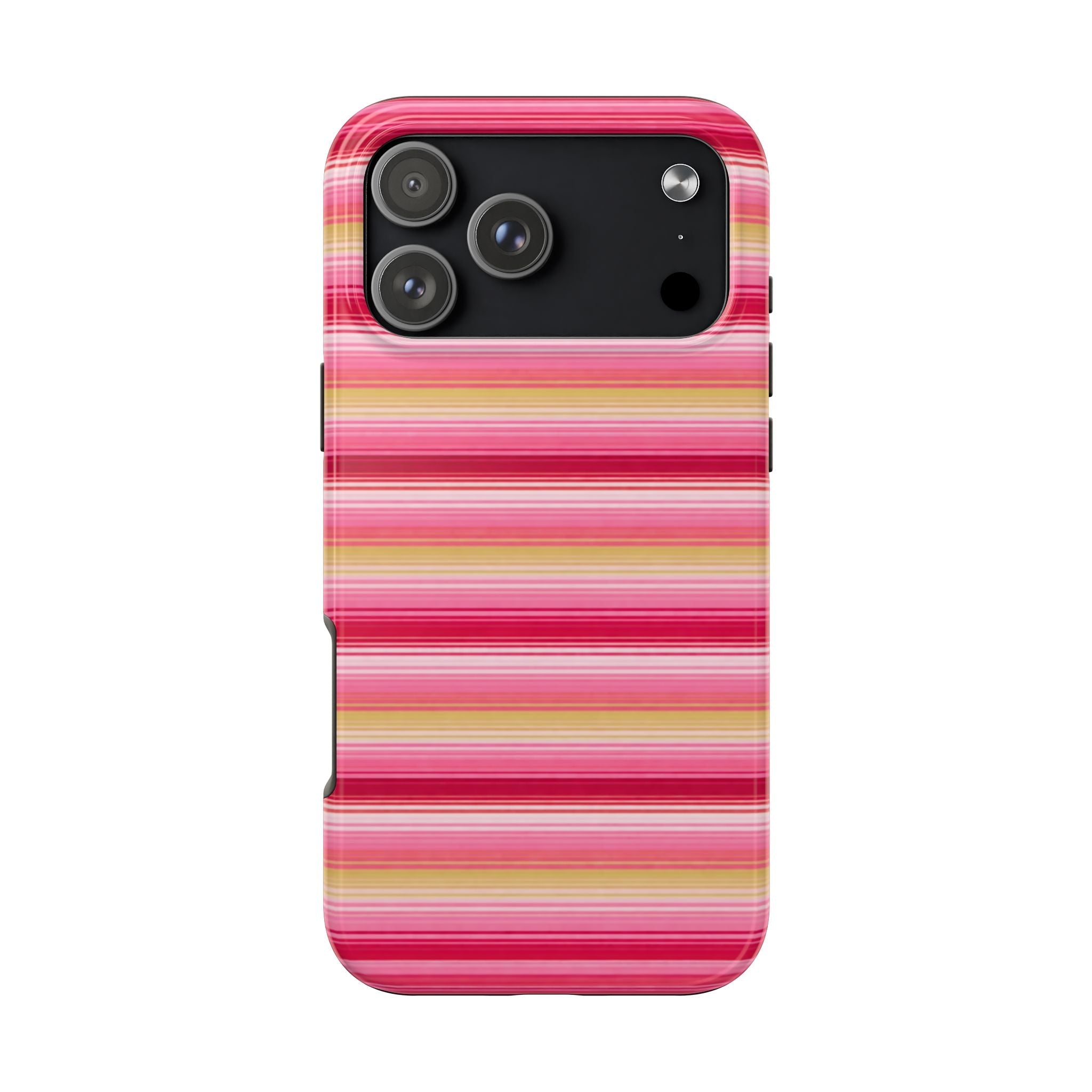 Strawberry lemonade stripes phone case with horizontal pink, yellow, and white bands; camera cutouts