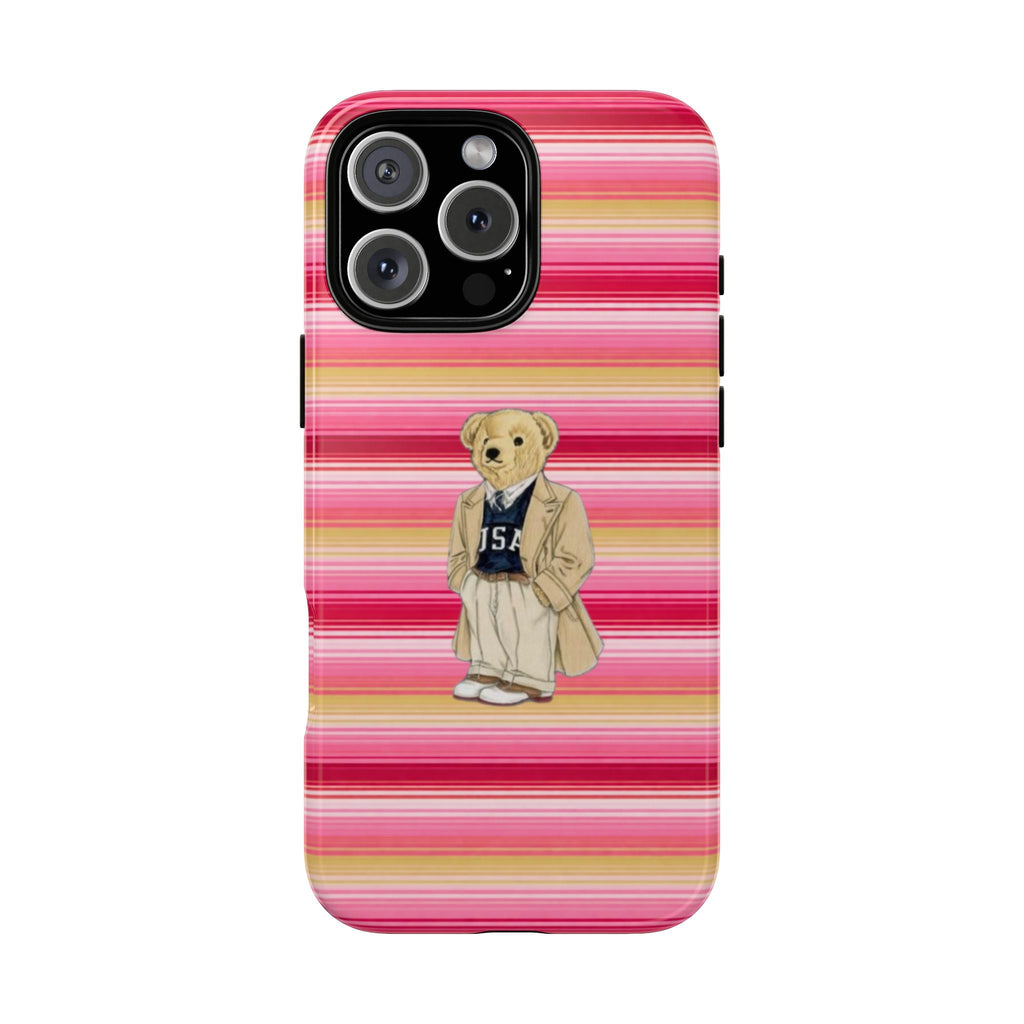 Pink, yellow, and red striped phone case with teddy bear illustration and camera cutouts