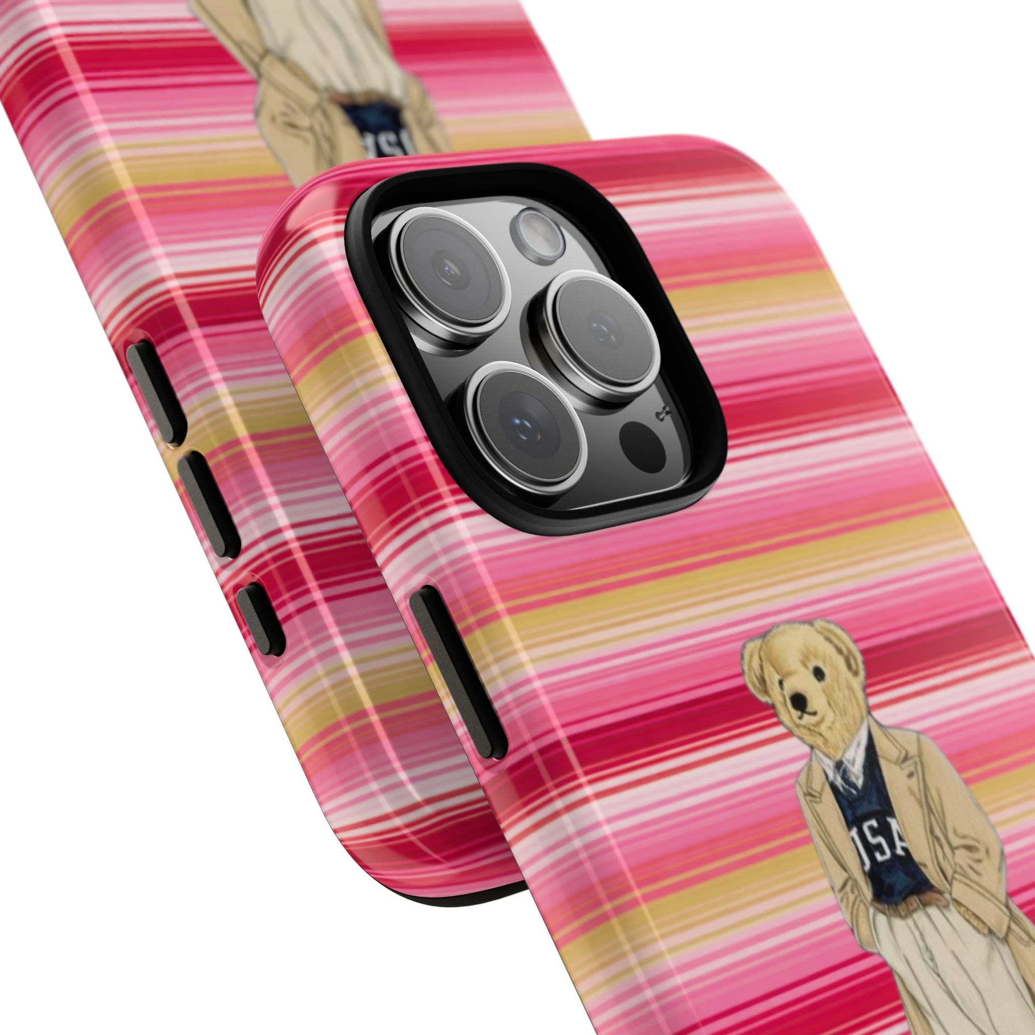 Diagonal view of striped phone case with teddy bear artwork and raised camera bump