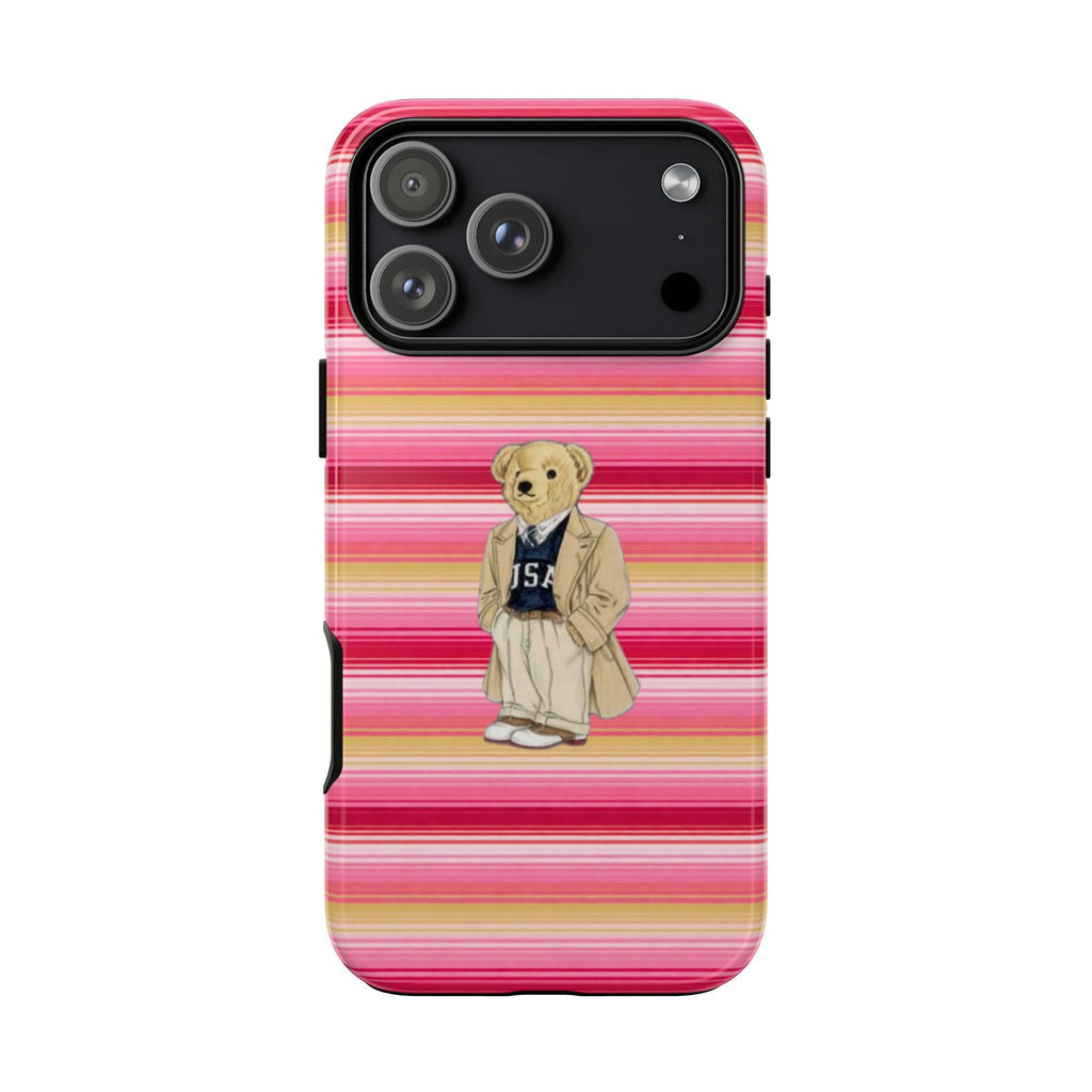 Striped phone case with teddy bear graphic; black camera frame and side cutouts