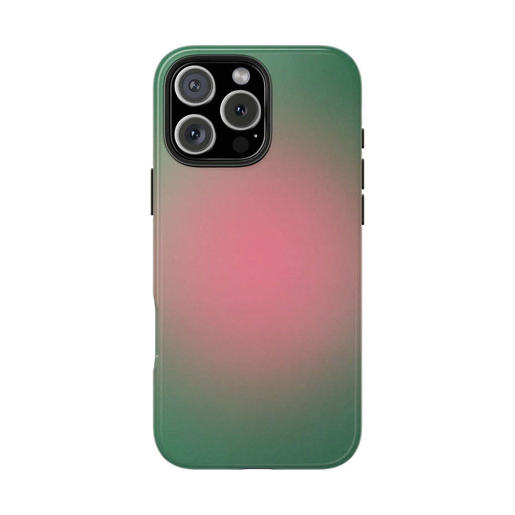 Phone case with green-to-pink aura gradient and triple-lens camera cutout