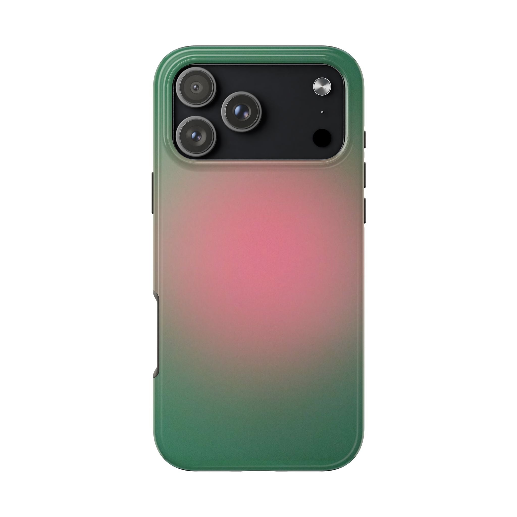 Phone case with green-to-pink aura gradient, black camera panel, and side buttons