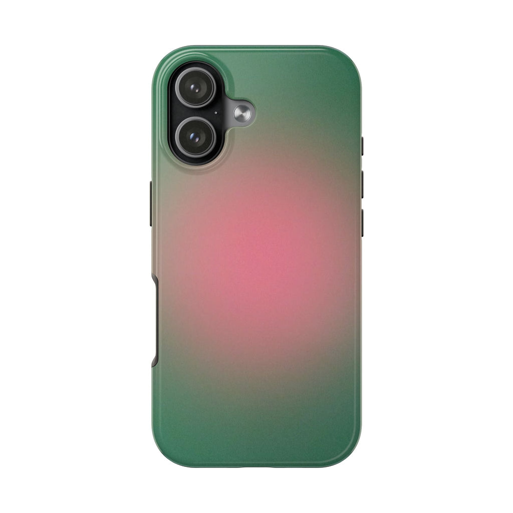 Phone case with green-to-pink aura gradient and raised camera cutout