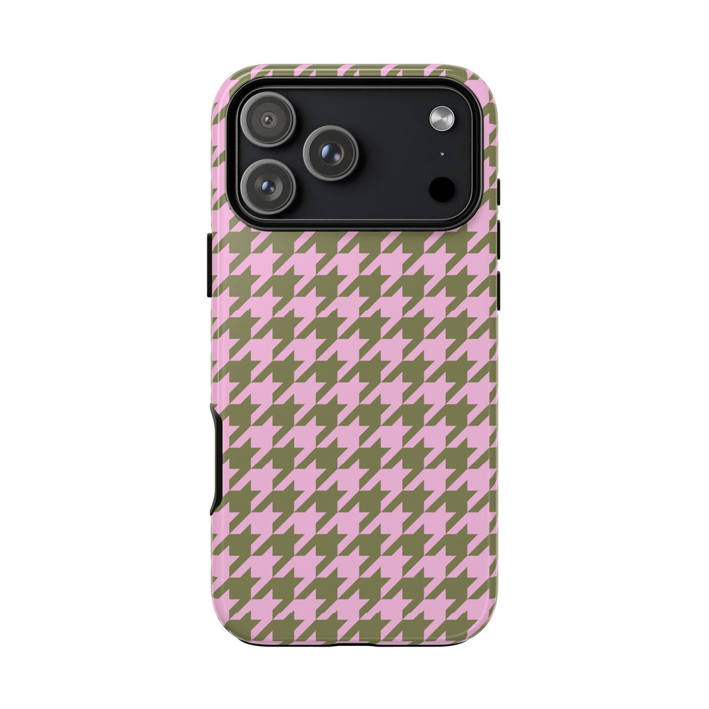 Strawberry matcha houndstooth phone case, back view with triple-camera cutout