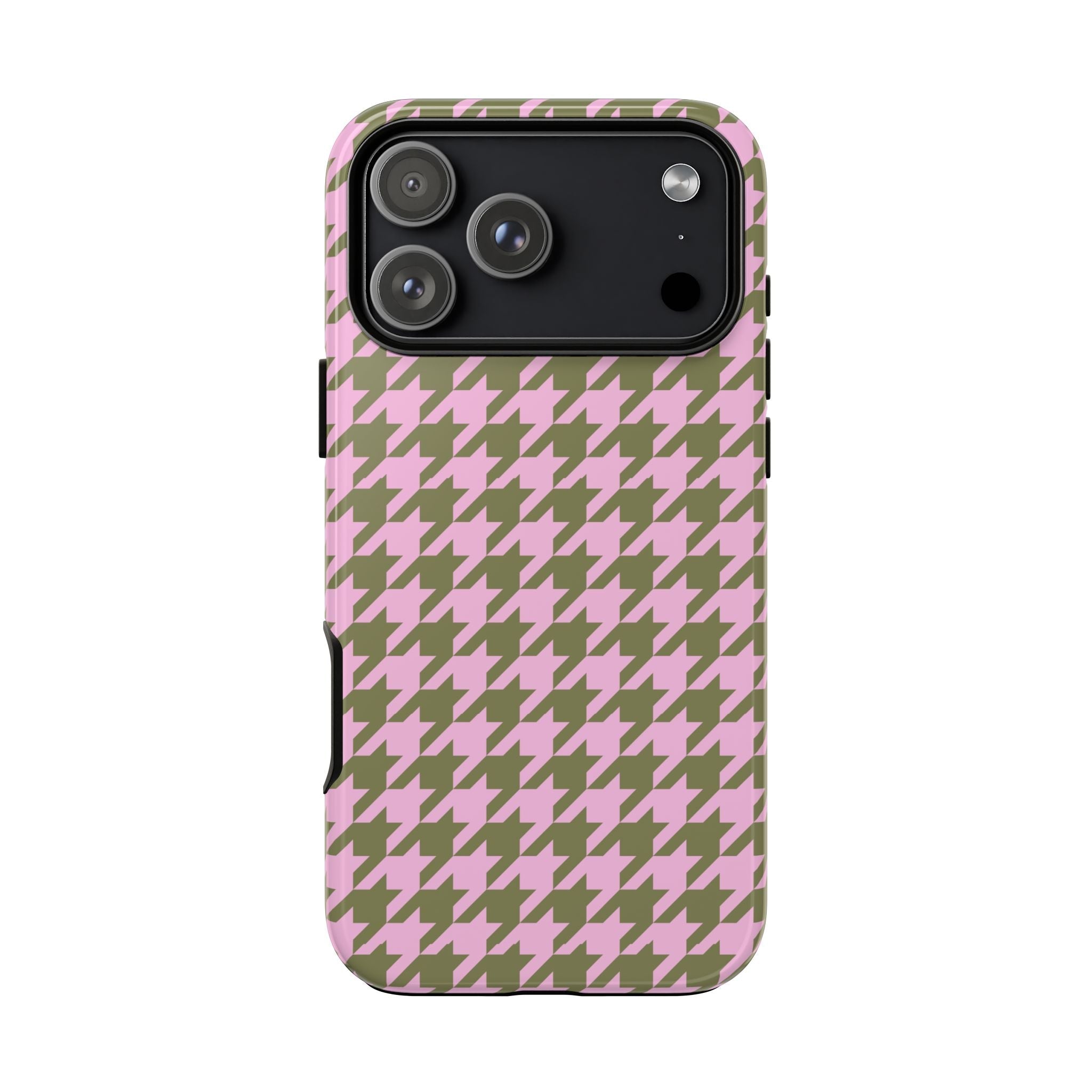 Strawberry matcha houndstooth phone case, back view with triple-camera cutout