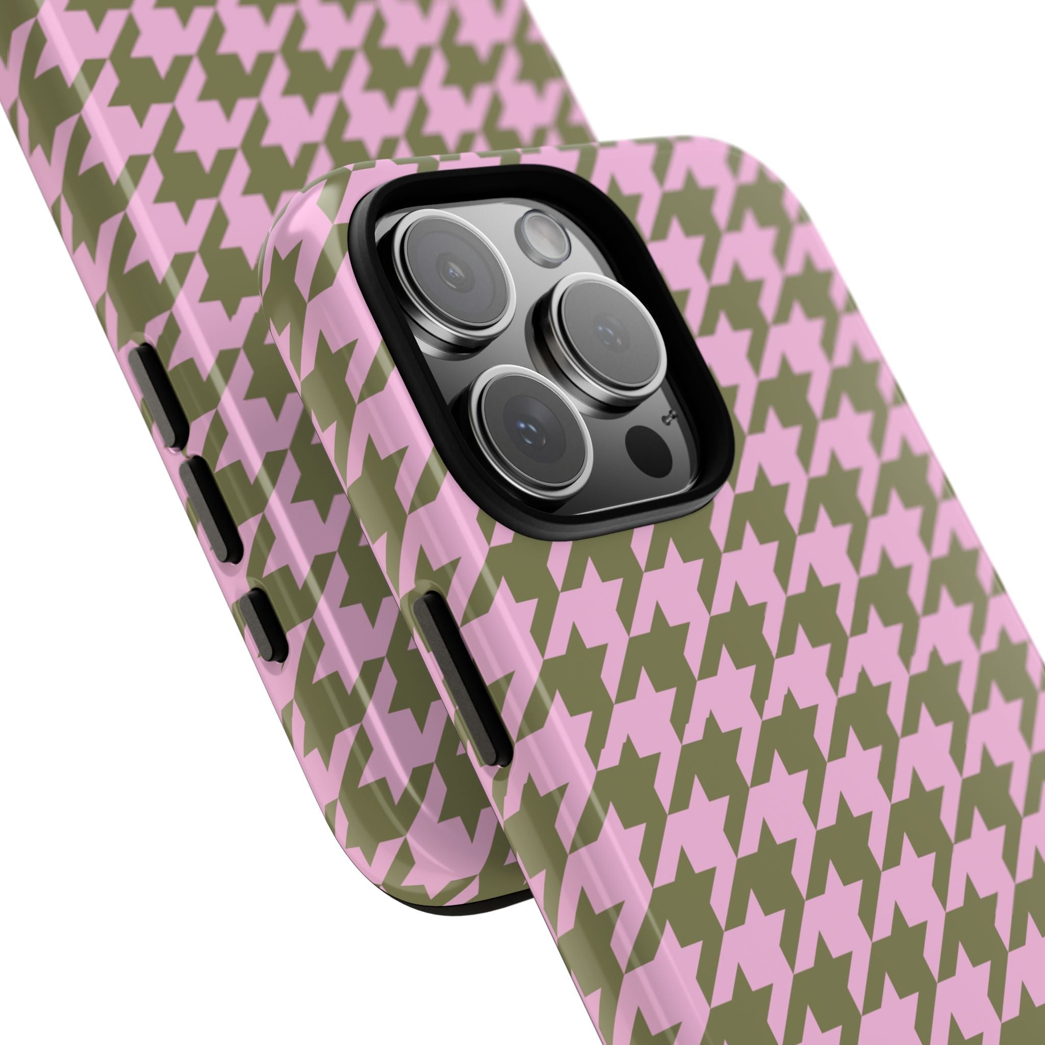 Strawberry matcha houndstooth phone case, angled view with camera and side cutouts