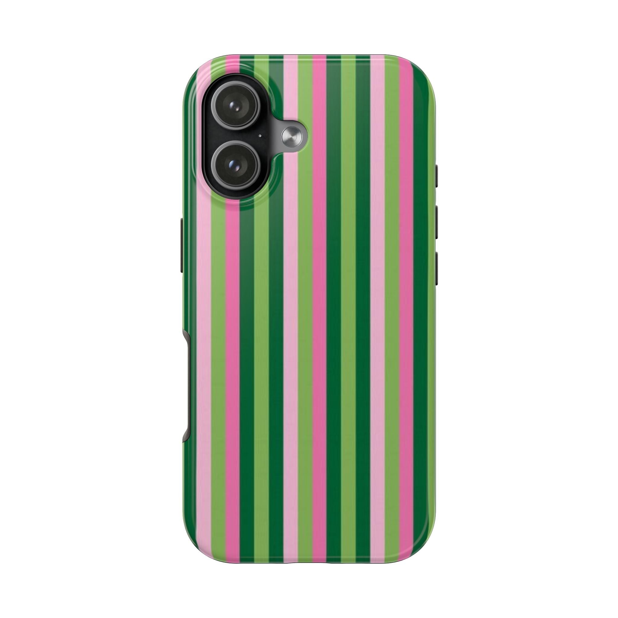 Strawberry matcha striped phone case, pink and green vertical stripes, camera cutout detail