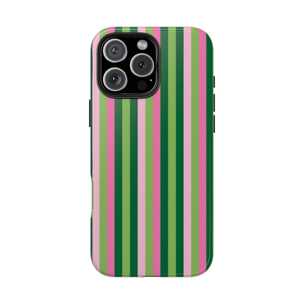 Strawberry matcha striped phone case front view, pink and green vertical stripes, camera area