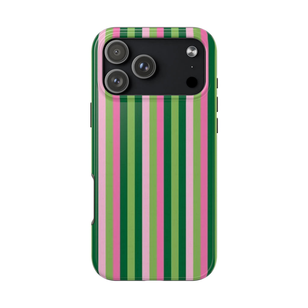 Strawberry matcha striped phone case with camera cutout, pink and green vertical stripes
