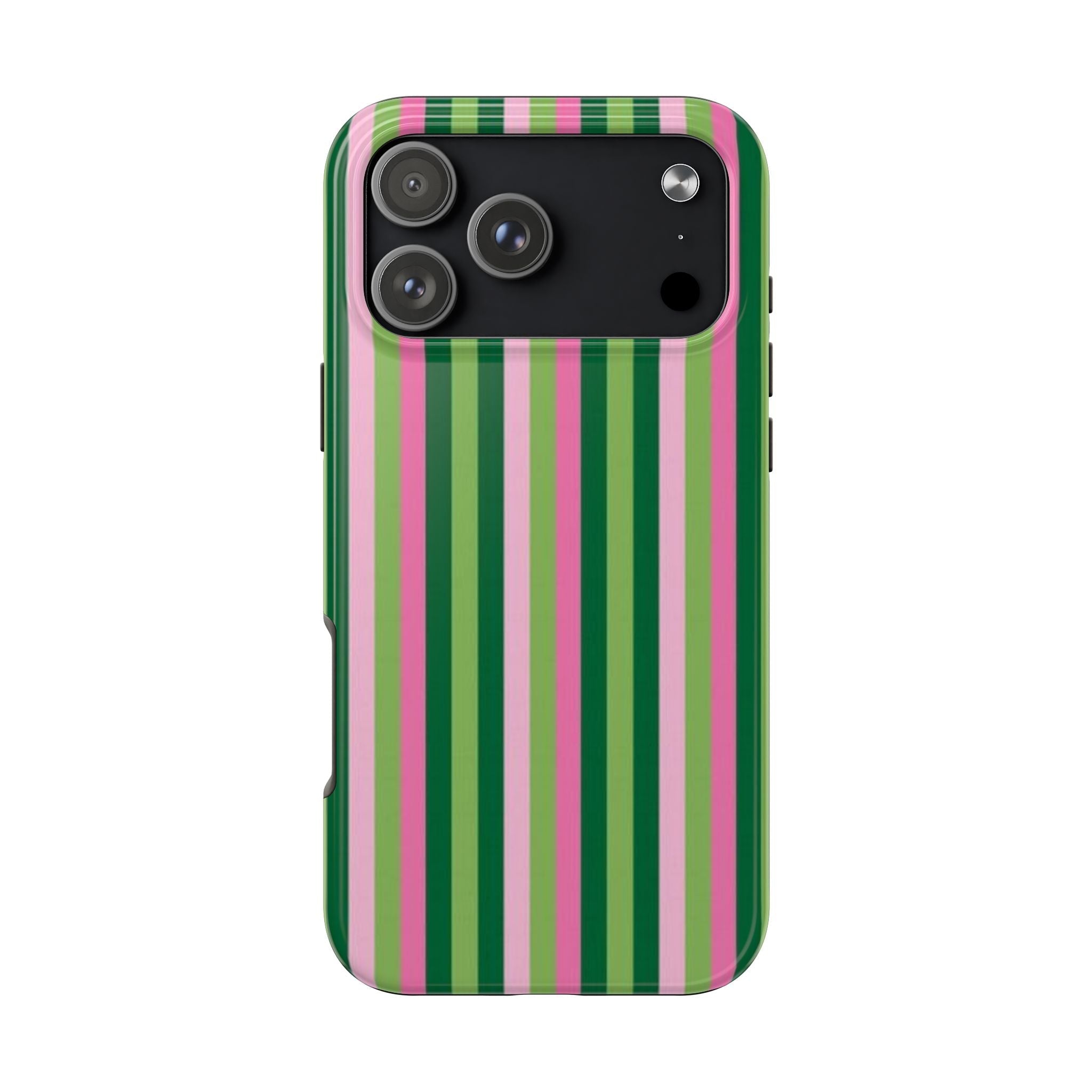 Strawberry matcha striped phone case with camera cutout, pink and green vertical stripes