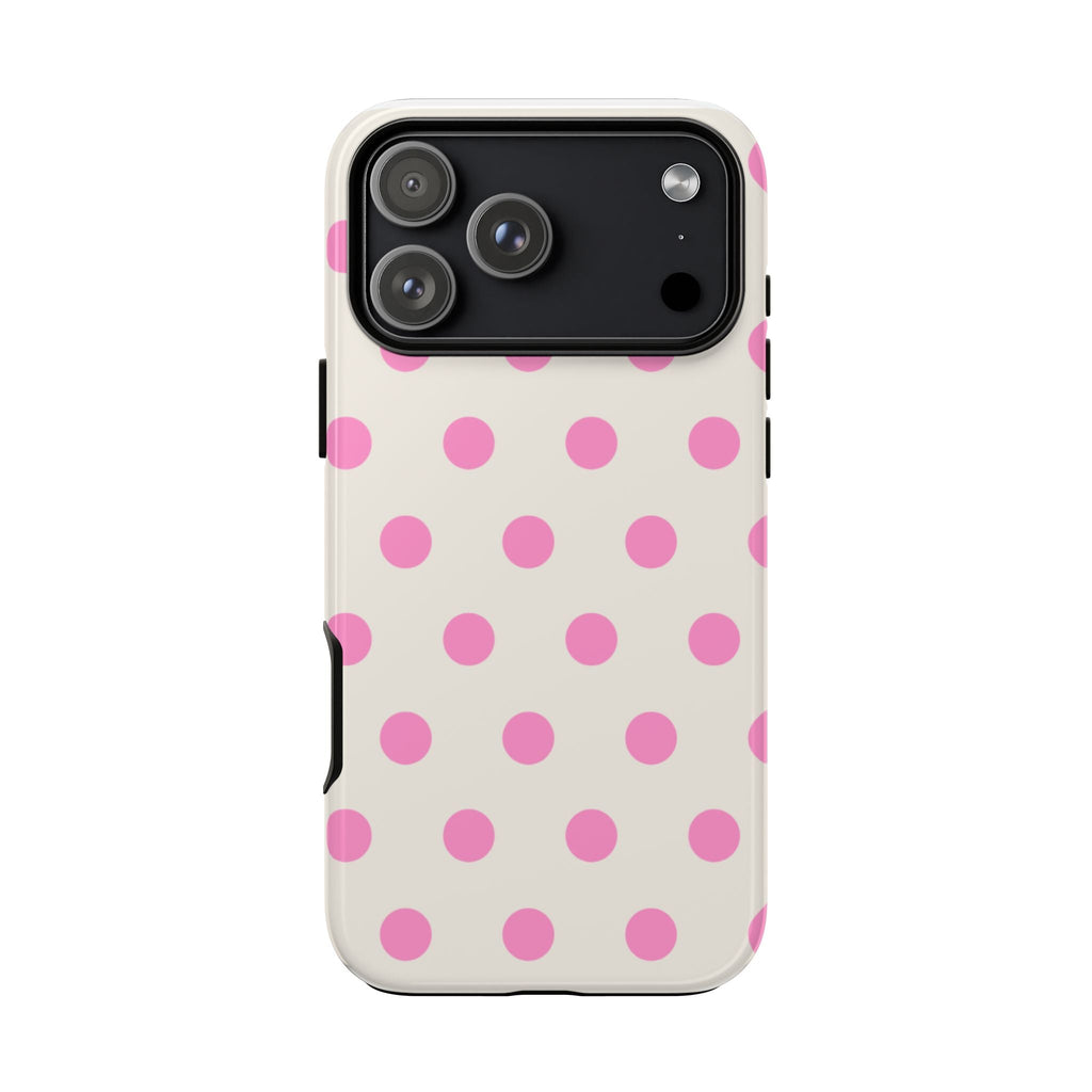 Strawberry milk polka dot phone case with camera cutout, pink dots on light base