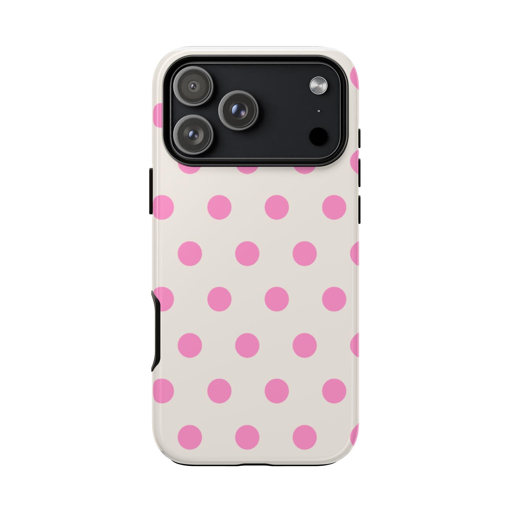 Strawberry milk polka dot phone case with camera cutout, pink dots on light base