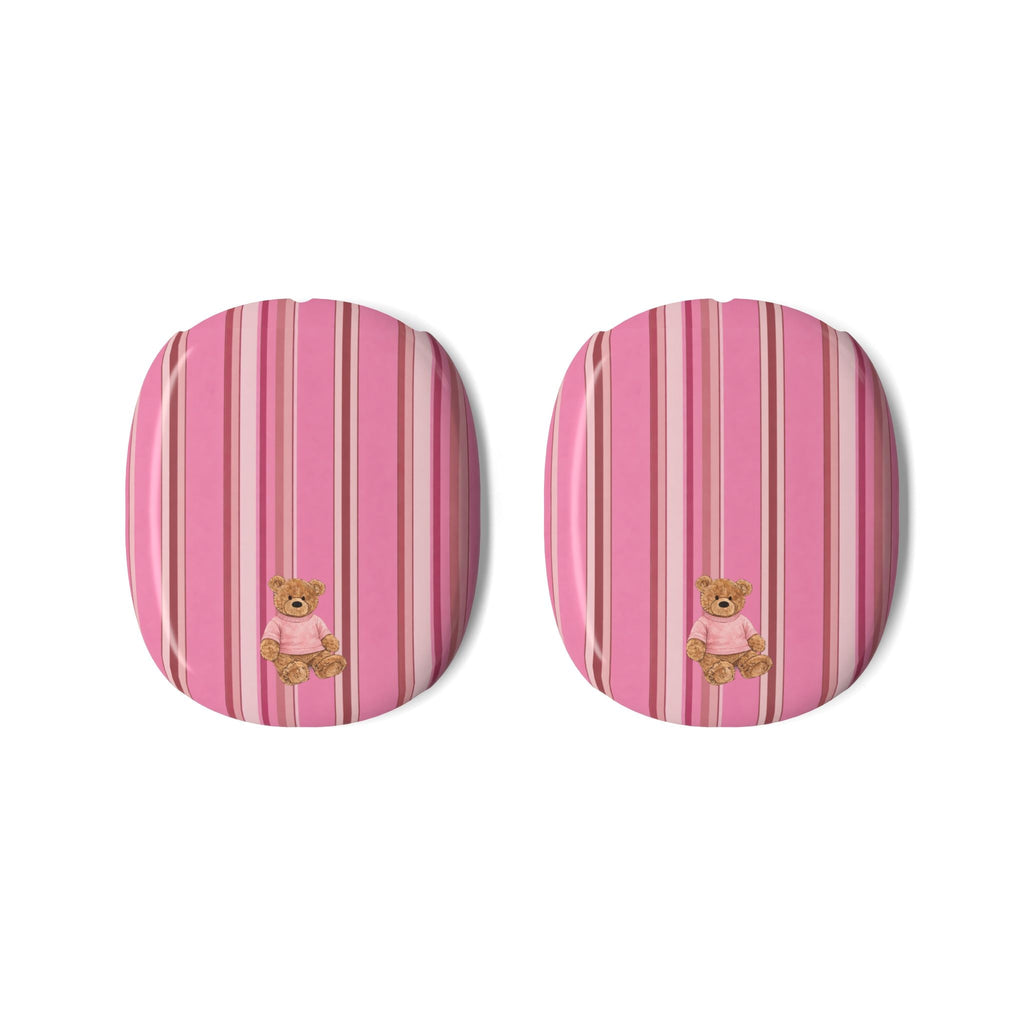 Pair of AirPods Max ear cup covers, pink striped pattern with small teddy bear emblem