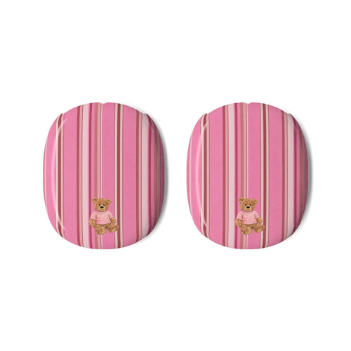 Pair of AirPods Max ear cup covers, pink striped pattern with small teddy bear emblem