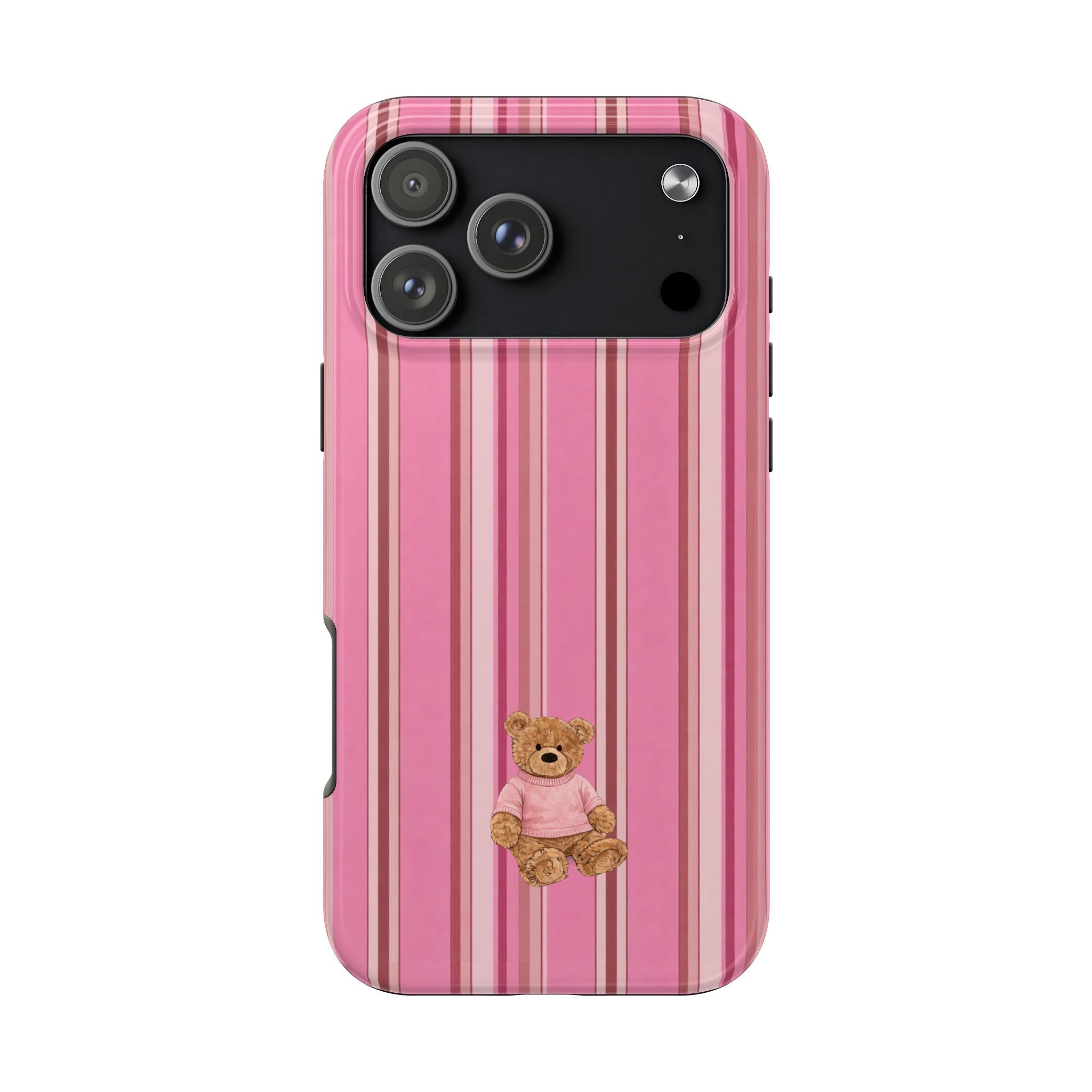 Pink striped mini teddy bear phone case with bear in pink shirt, camera cutouts