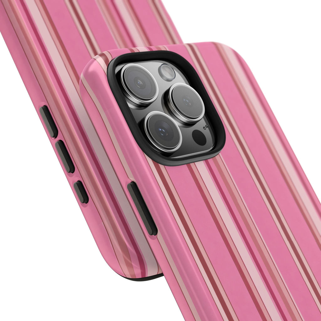 Pink striped phone case angled with camera lens cutouts; teddy bear design on back