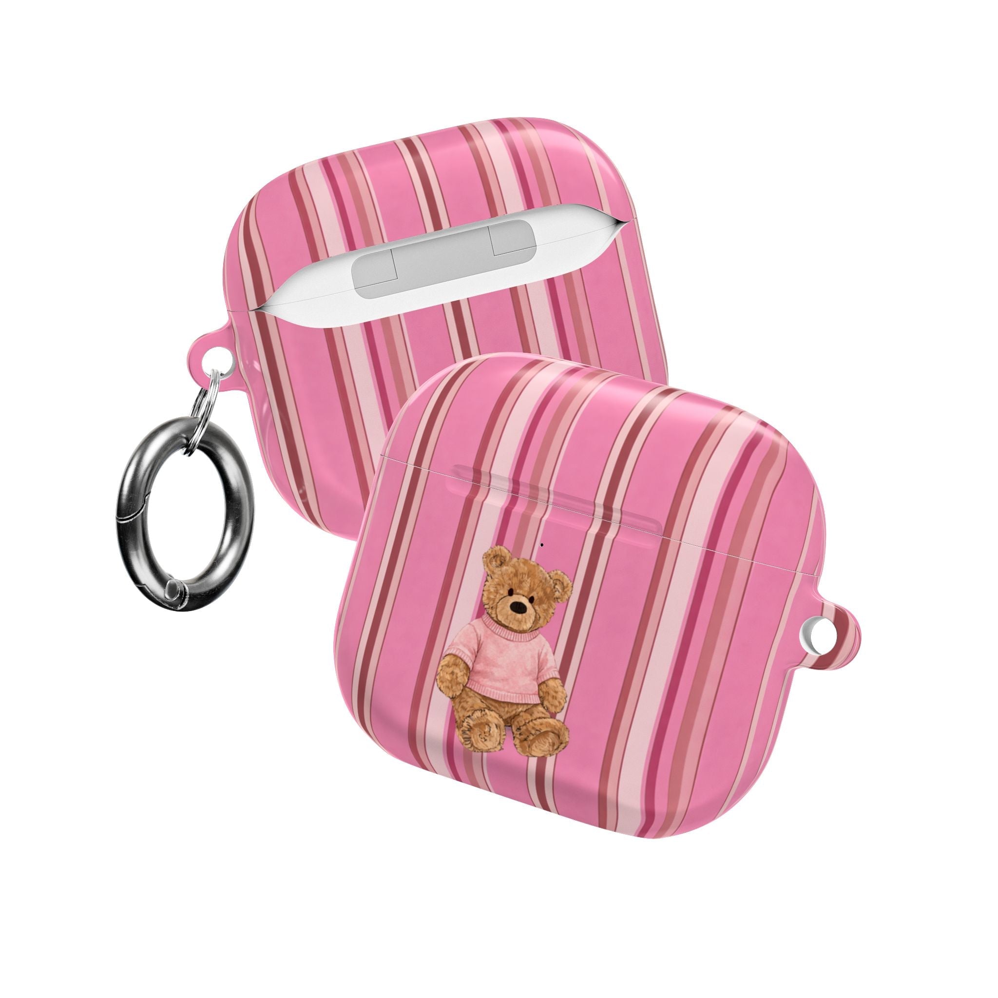 Pink striped AirPods case with teddy bear, carabiner keyring and open lid