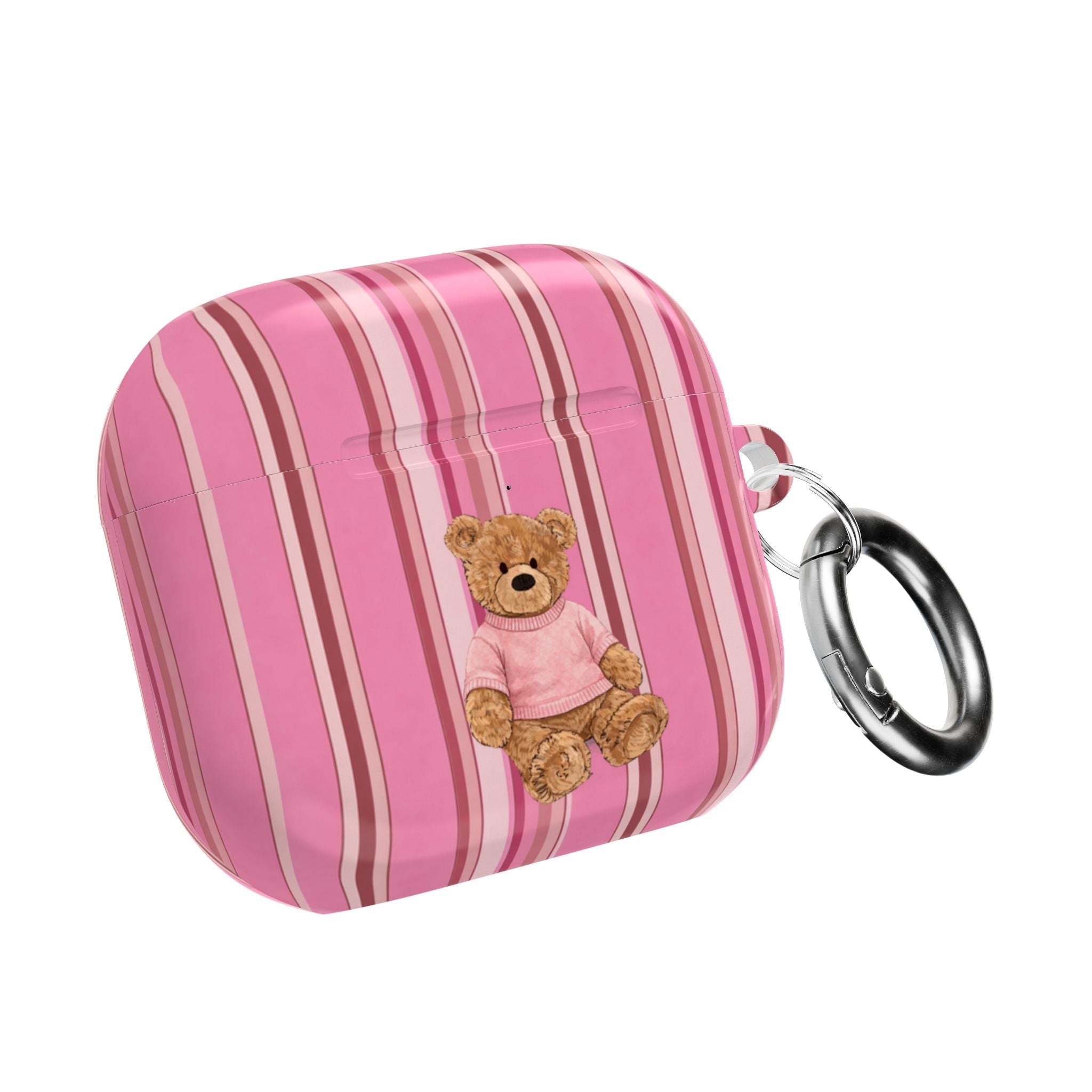 Pink striped AirPods case with teddy bear applique and metal keyring on side
