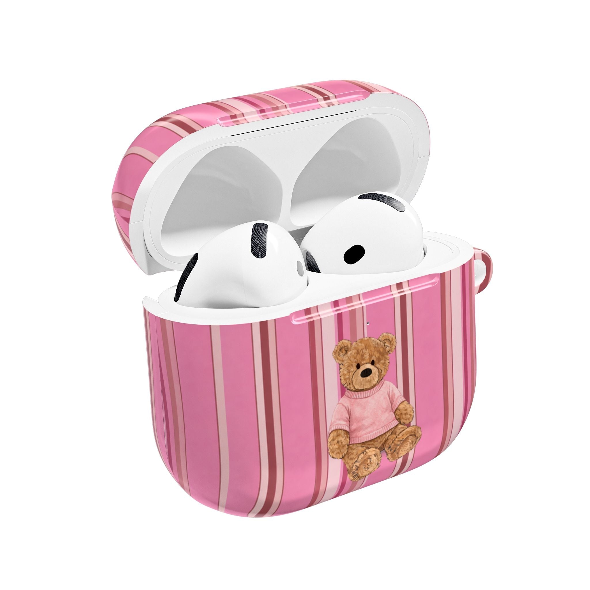 Strawberry pink striped AirPods case with teddy bear graphic, earbuds inside