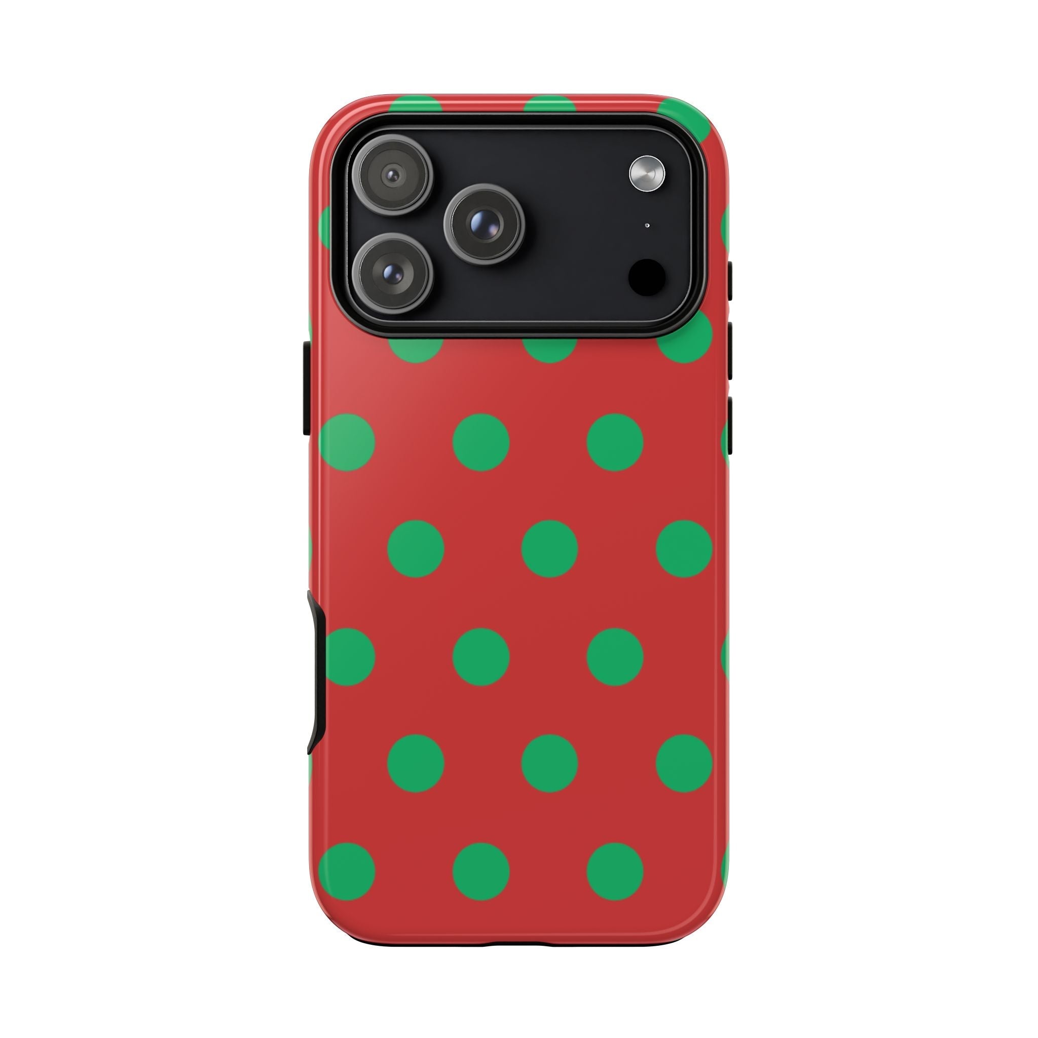 Strawberry polka dot phone case, red with green dots, camera cutout visible