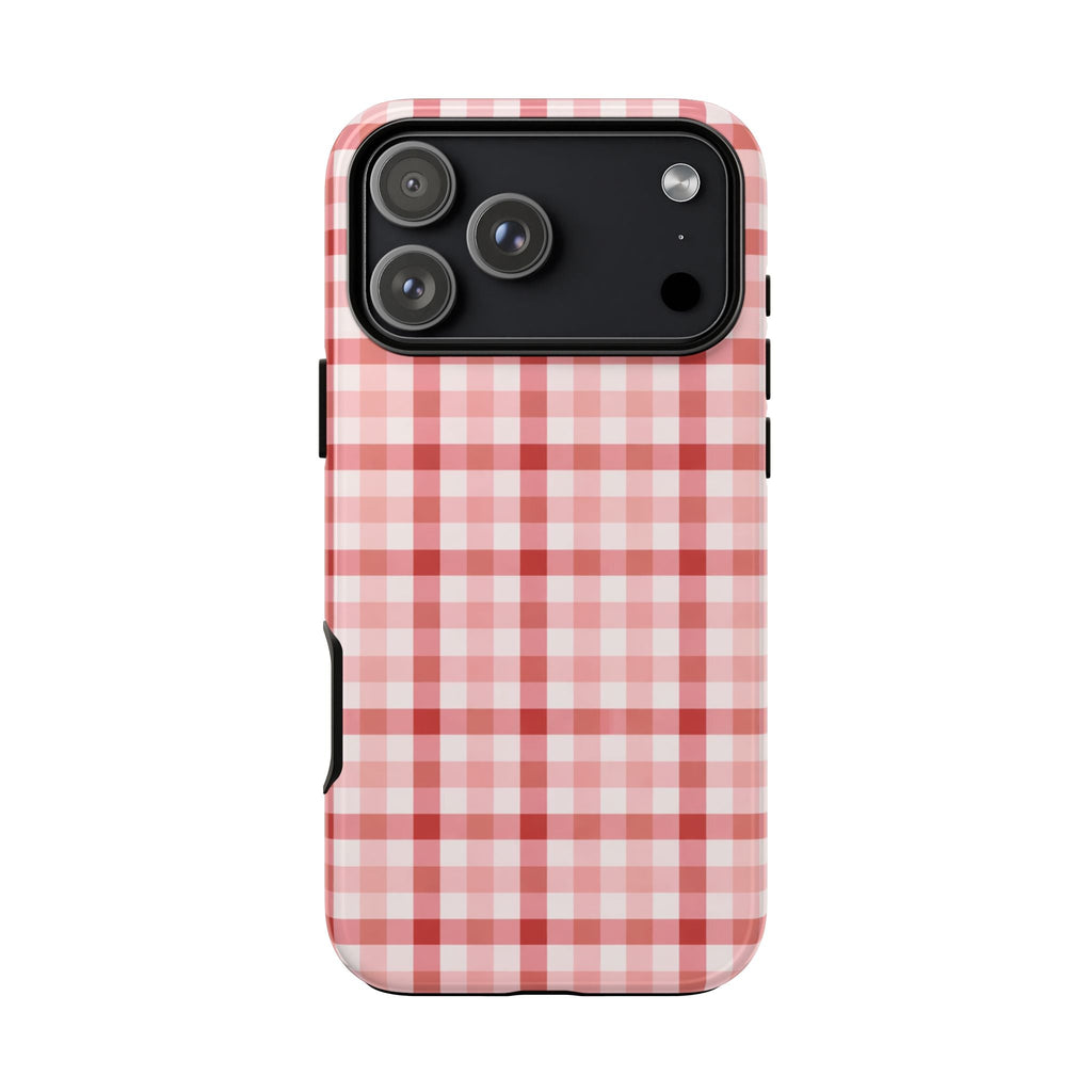 Strawberry red gingham phone case with camera cutout and side button openings