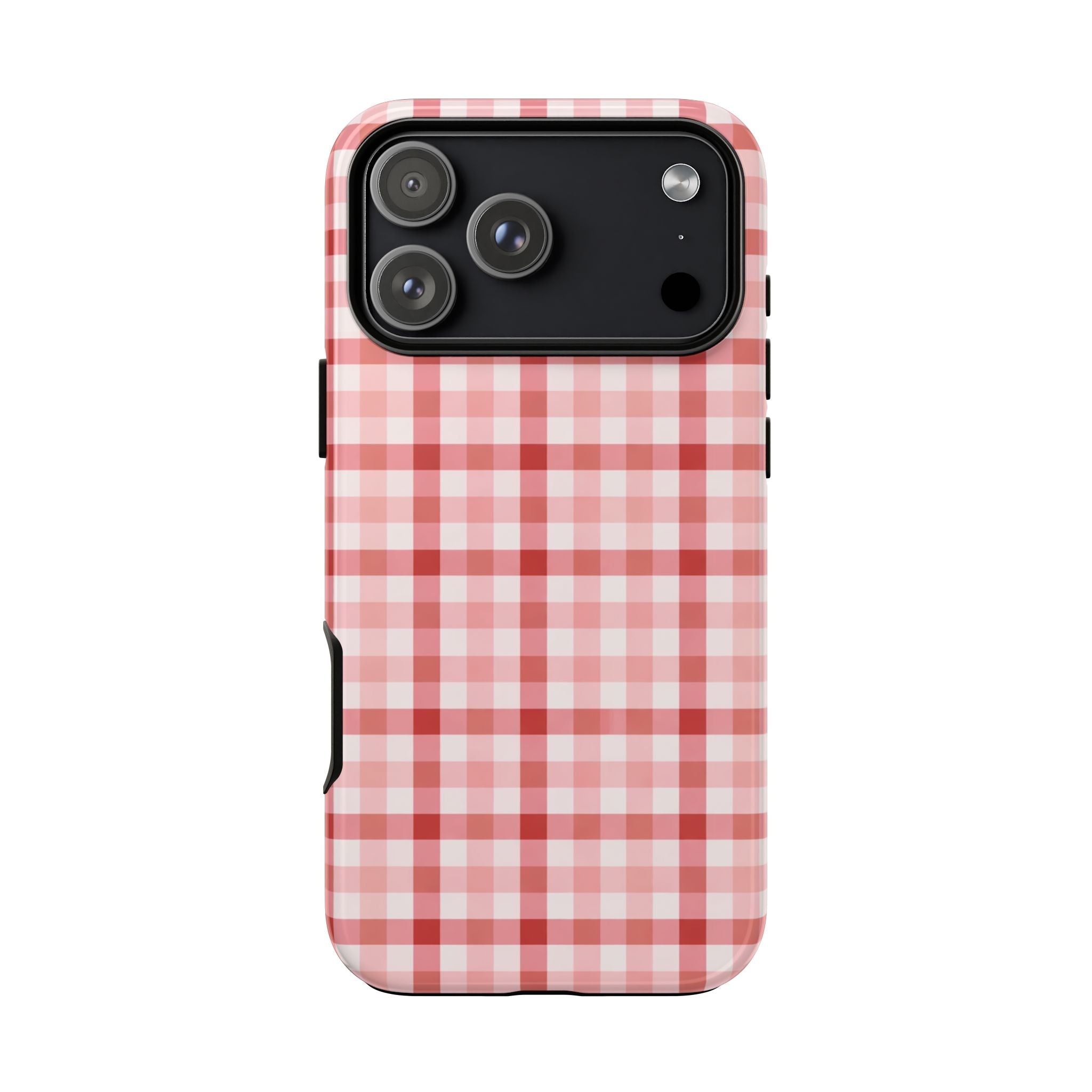 Strawberry red gingham phone case with camera cutout and side button openings