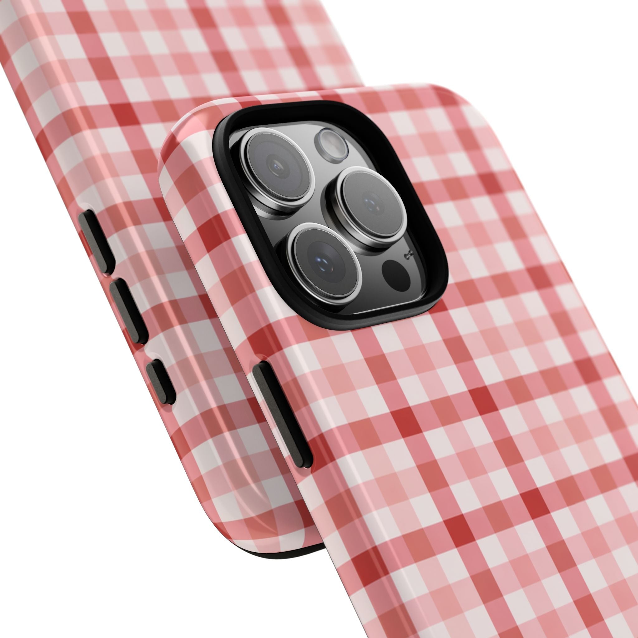 Strawberry red gingham phone case angled view showing camera bump cutout