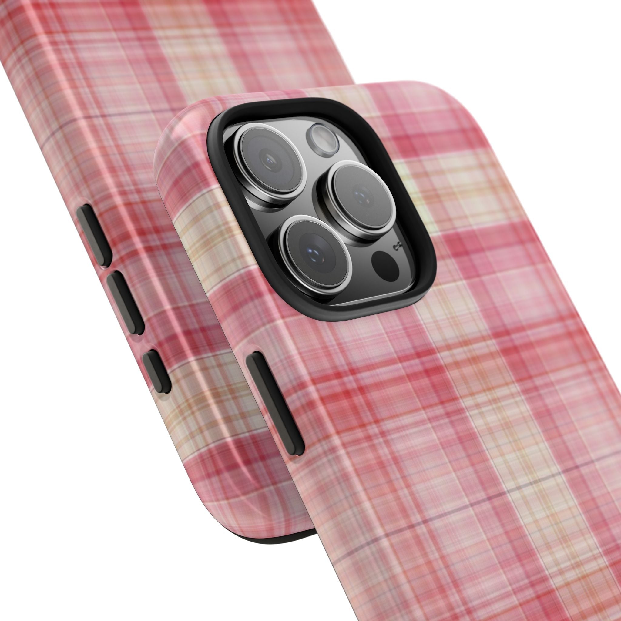 Pink plaid phone case with check pattern and visible side button openings