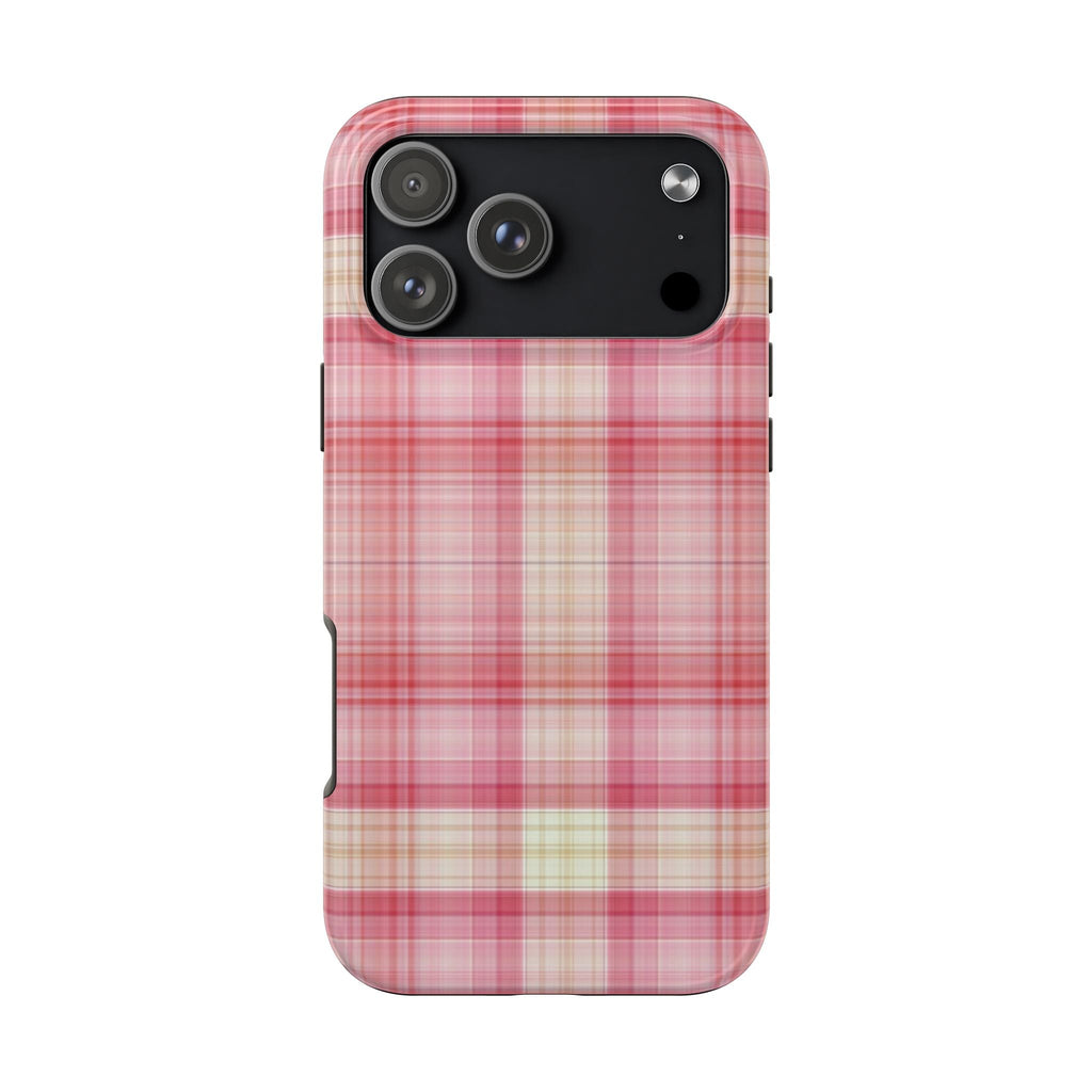 Strawberry vanilla plaid phone case with pink and beige check pattern, cutouts for camera