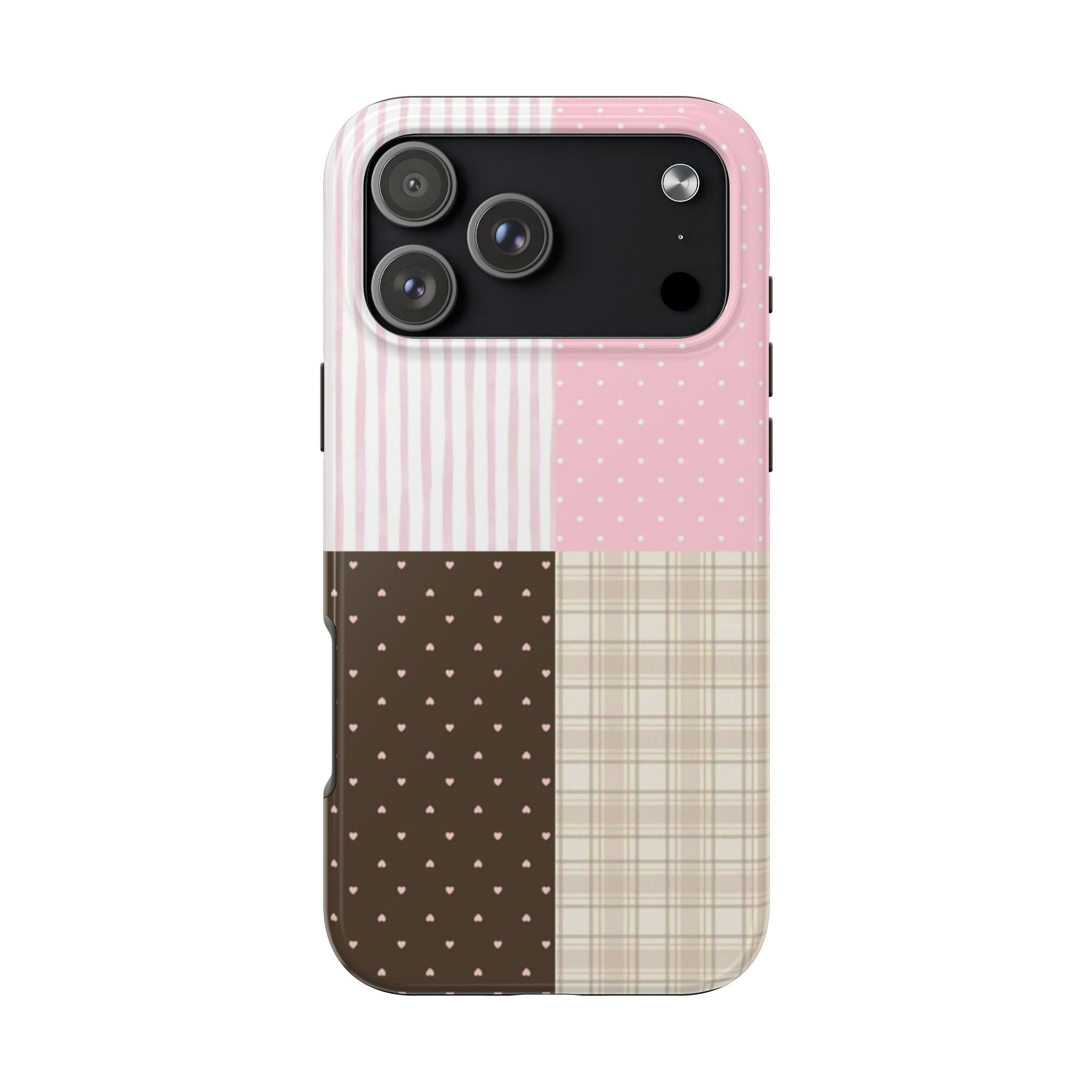 Pink phone case with vertical stripes, light polka dots, plaid, and dark heart pattern